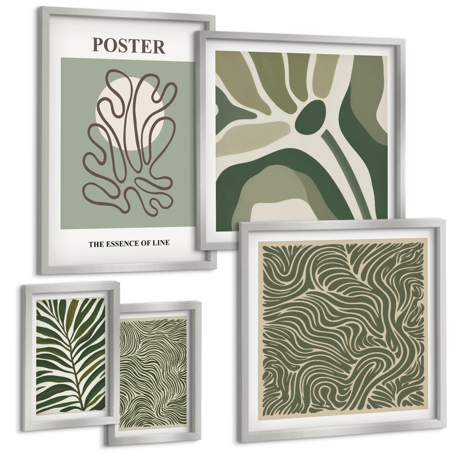 BILDER SET 5er Set - 50x50 cm & 20x30 cm & 40x60 cm Silberner Rahmen - Blattmuster und wellenförmige Formen - Silberfarben, Kunststoff (40/60cm) - TULUP
