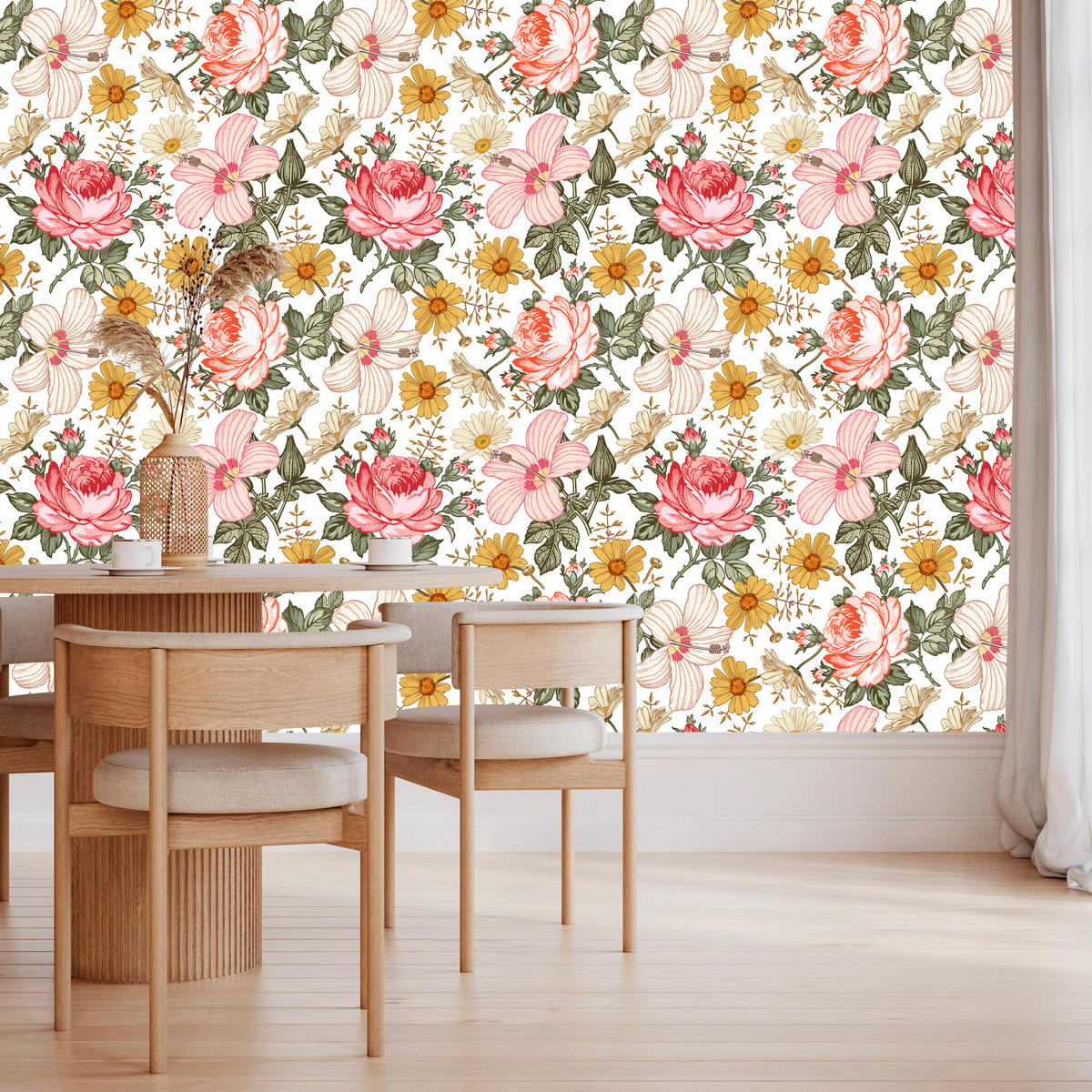 VLIESTAPETE Tropische Rosen und Blätter – Rosa, Grün, Weiß – 50x1000 cm - Rosa/Weiß, Papier (50/1000cm) - Muralo