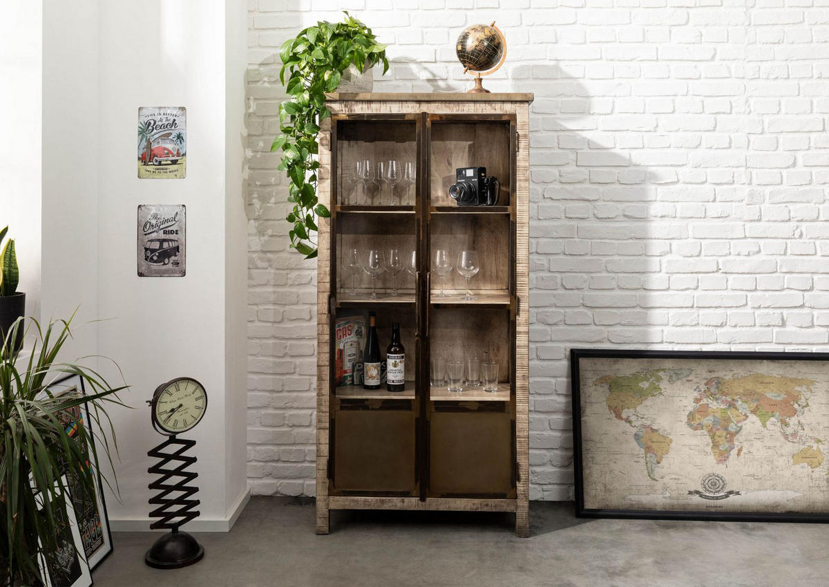 VITRINE Mango 90x40x180 braun lackiert HEAVY INDUSTRY #241 - Braun, Holz (90/180/40cm) - Massivmoebel24