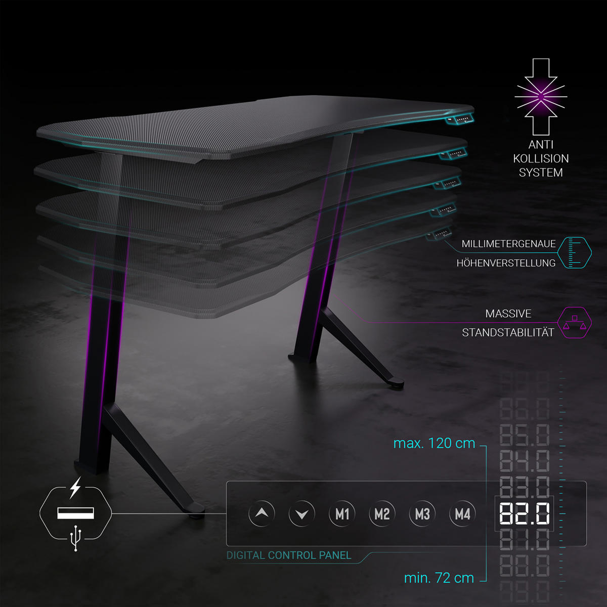 GAMING Tisch höhenverstellbar elektrisch 140x70 cm, Carbon-Optik - Schwarz, Kunststoff (140/70/120cm) - Ultimate Setup