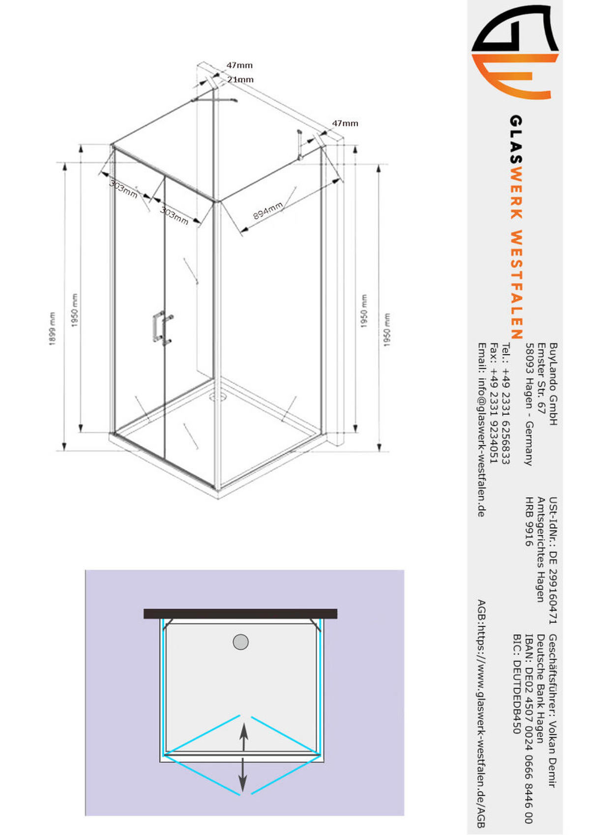 U-DUSCHKABINE Nora 100 x 80 x 100 x 195 cm Klarglas Silber - Silberfarben, Glas (100/80/195cm) -  Glaswerk Westfalen