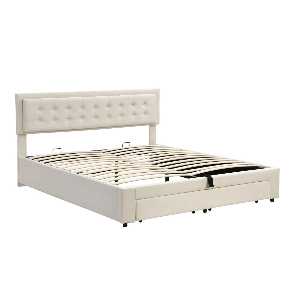 SAMT-POLSTERBETT 160/200 cm in Beige mit Bettkasten und verstellbarem Kopfteil - Beige, Textil (160/200cm) - BEAOK