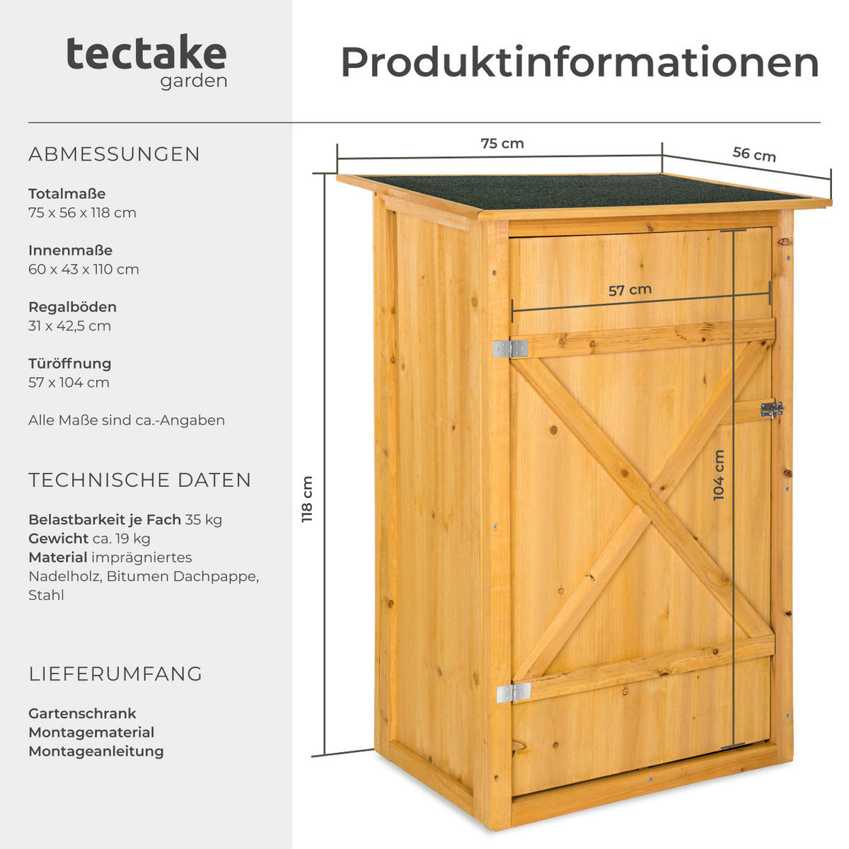 GARTENSCHRANK mit Flachdach Taman,75 x 56 x 118 cm,braun - Braun, Holz (56/118/75cm) - tectake