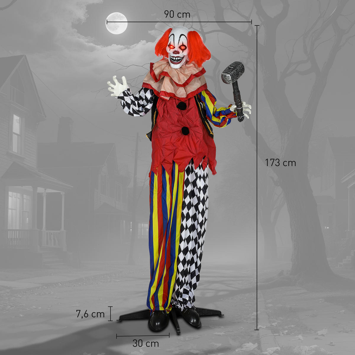 HALLOWEEN-DEKORATION Clown 173 cm mit leuchtenden Augen sprachgesteuert - Multicolor, Metall (18/173/90cm) - Outsunny
