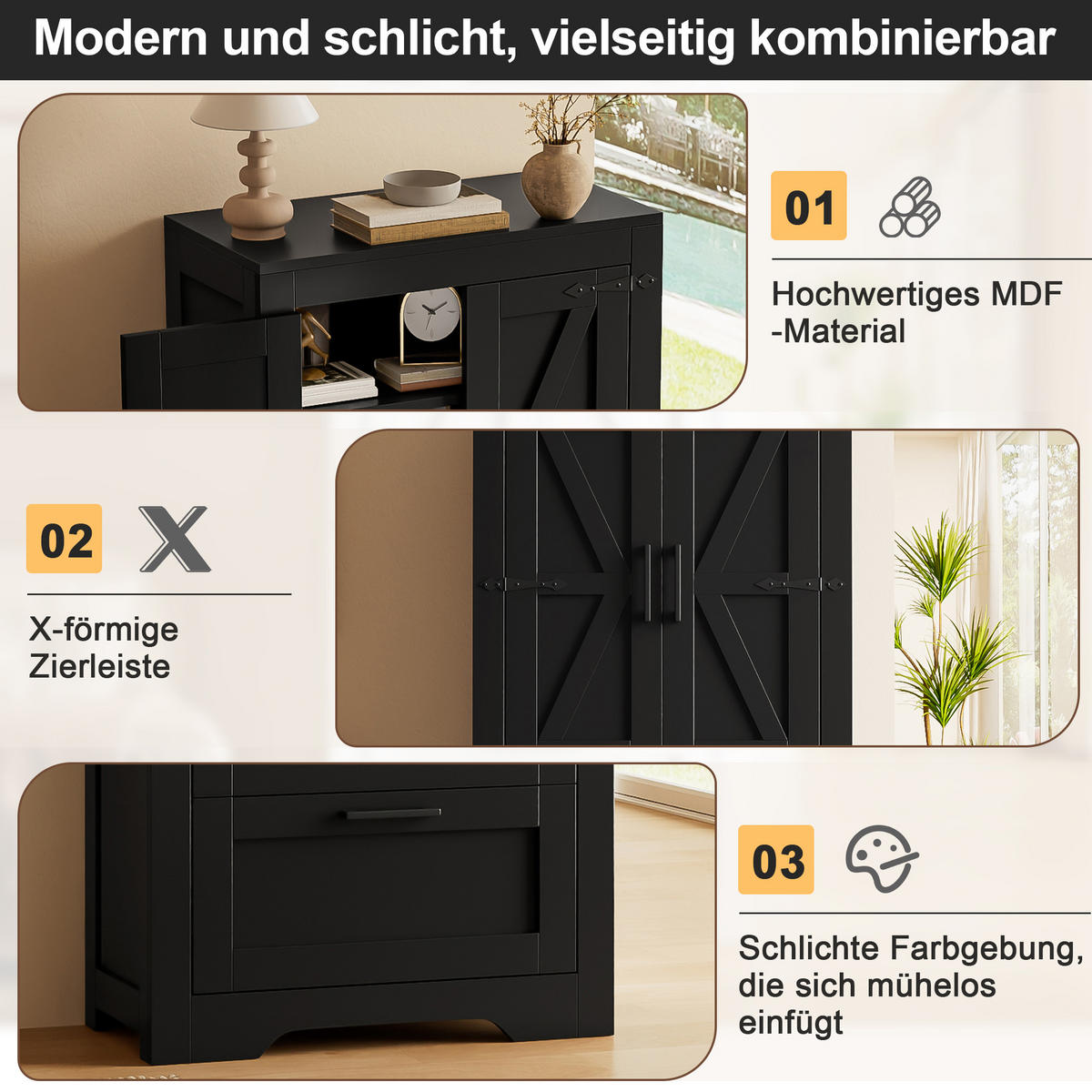 HIGHBOARD DE-38698 60/30/128 cm 2 Schubladen und Scheunentür Schwarz - Schwarz, Holzwerkstoff (60/128/30cm) - ComfortXL