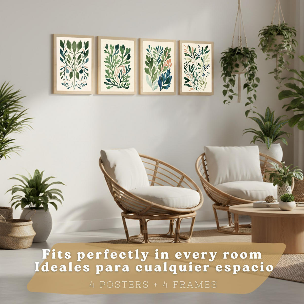 PLAKAT Sada 4 Větve A4 Lehký dřevěný rám - béžová, papír (29.7/1/21cm) - Nacnic