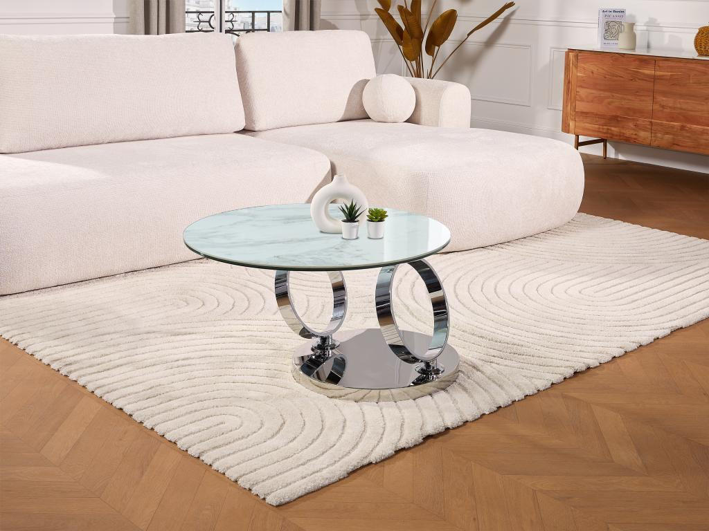 COUCHTISCH mit drehbaren Tischplatten - Keramik & Glas - Weiß mit Marmor-Effekt - JOLINE - Chromfarben, Stein (131.5/80/42cm) - Vente-Unique
