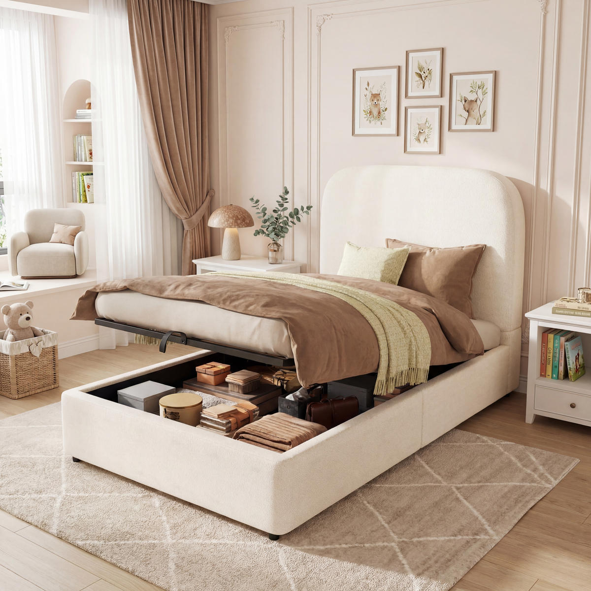 POLSTERBETT 90/200 cm in Beige mit Bettkasten und Lattenrost Bouclé - Beige, Holzwerkstoff/Textil (90/200cm) - STILVORA