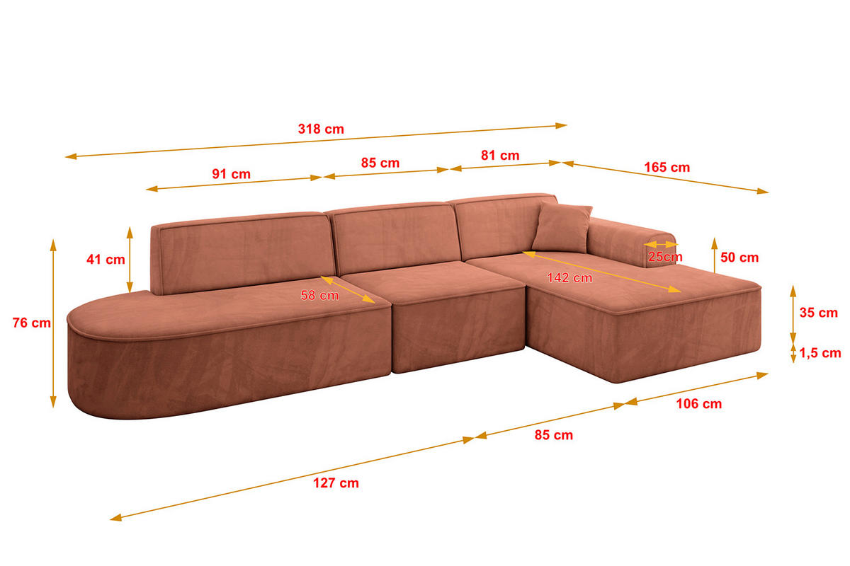 ECKSOFA Ottomane Rechts IREA-L2-v3 - 318x165x76 cm Apricot - Koralle, Holzwerkstoff/Textil (318/165cm) - ALTDECOR