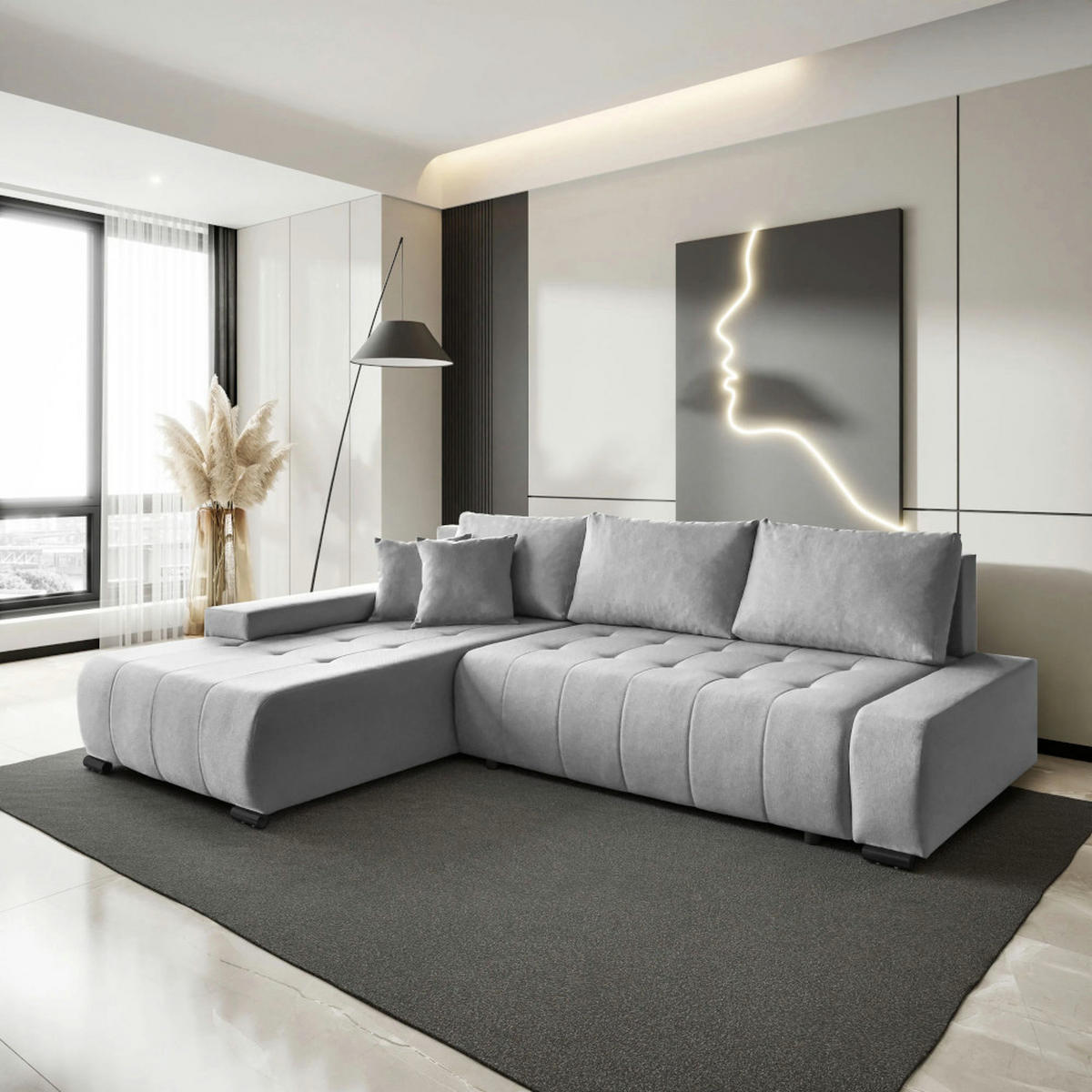 ECKSCHLAFSOFA Draco L Hellgrau - Hellgrau/Schwarz, Textil/Metall (268/183cm) - Beautysofa