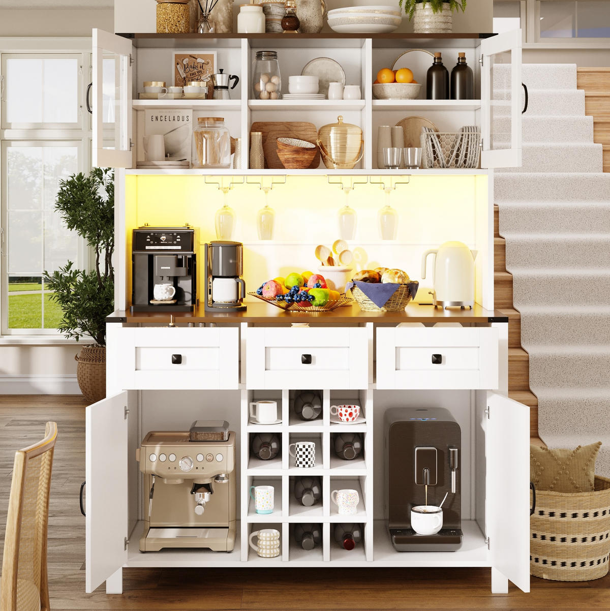 ANRICHTE Küchenschrank 120/40/170 cm aus MDF mit Glas und LED-Beleuchtung Weiß - Weiß, Holzwerkstoff (120/170/40cm) - Modenvie