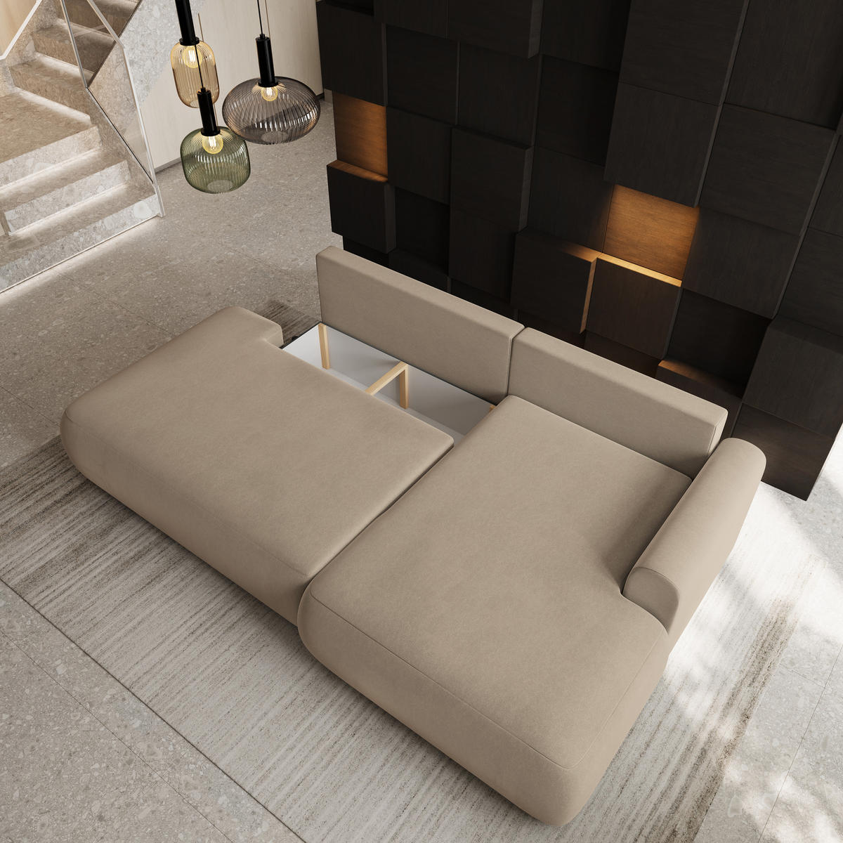 ECKSOFA NUVIRA CL R-S Beige Samtstoff mit Schlaffunktion - Beige, Holzwerkstoff/Textil (279/158cm) - MASSENO