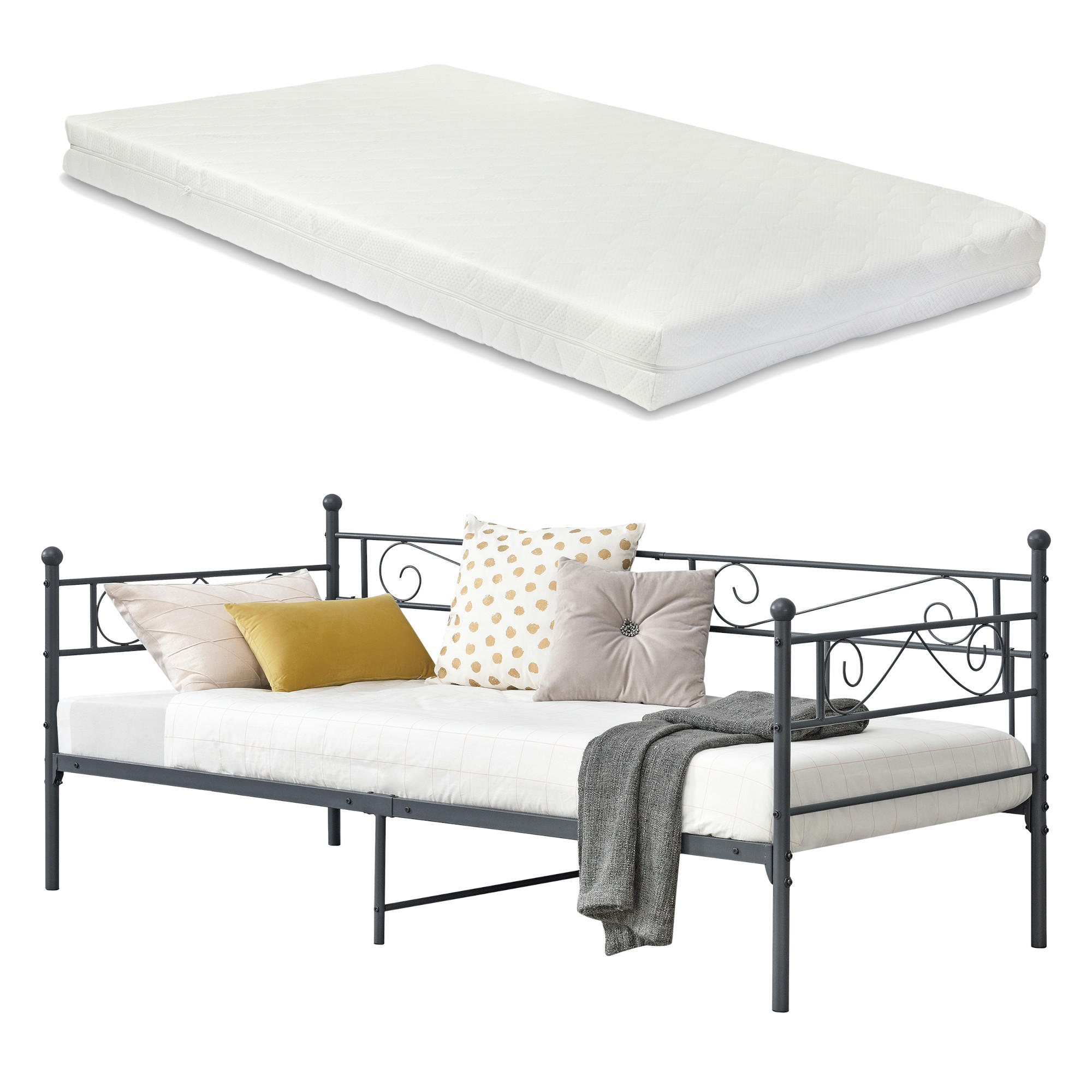 TAGESBETT Kerava mit Matratze - Dunkelgrau, Textil/Metall (90/200cm) - [en.casa]
