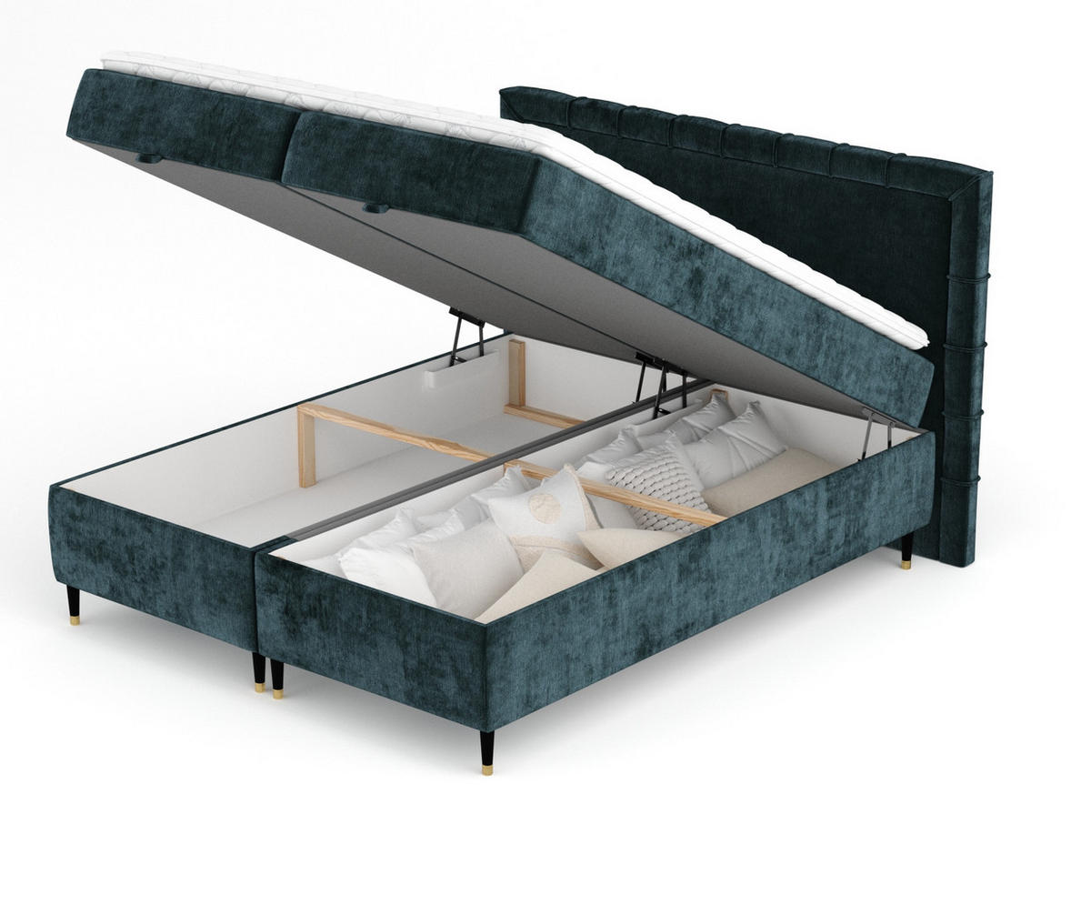 BOXBETT Monpelli Türkisfarben 140/200 cm mit Matratze und Topper - Türkis/Schwarz, Holz/Holzwerkstoff (140/200cm) - Maison de Reve