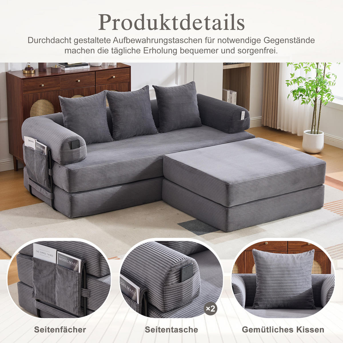 ECKSOFA Cord Dunkelgrau mit Hocker, Kissen und Seitentasche - Dunkelgrau, Textil/Metall (218/285cm) - WISHDOR