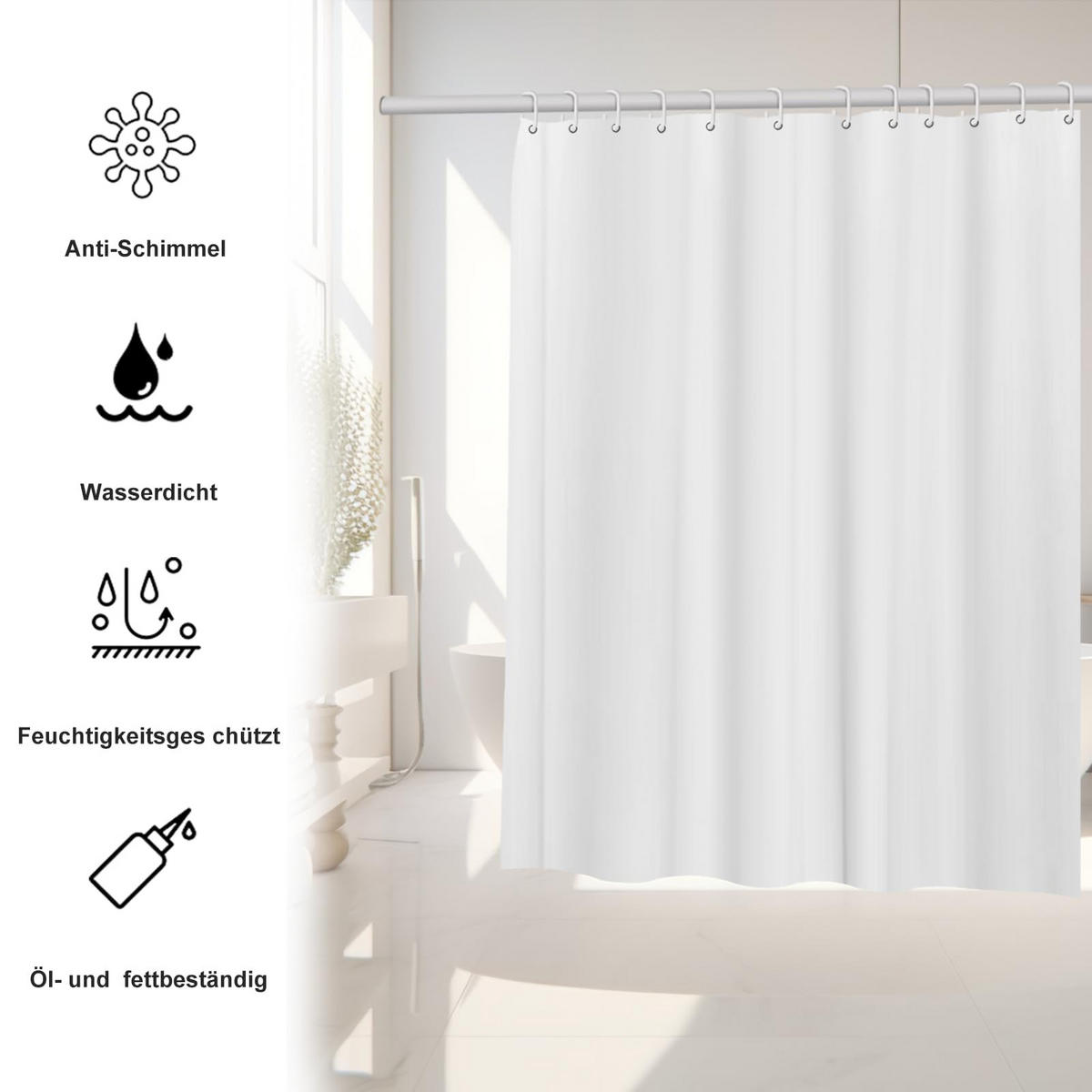 DUSCHVORHANG EVA transparent schimmelresistent waschbar mit Ringen - Weiß, Textil (180/180cm) - MCBOSON
