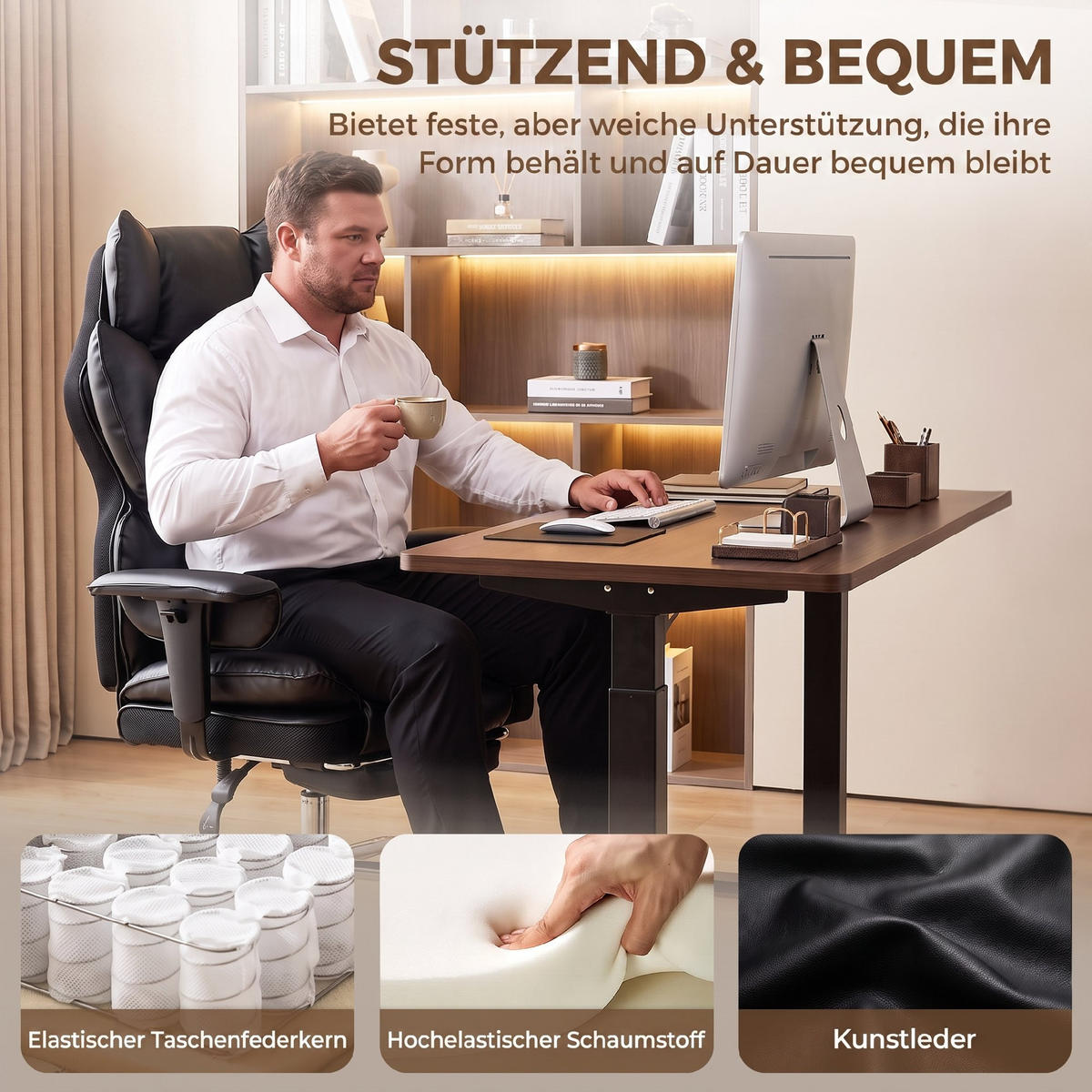KONTORSSTOL för tung belastning i konstläder, svart - Svart/Silverfärgad, Läder/Träbaserade material (67/130/80cm) - HOMCOM