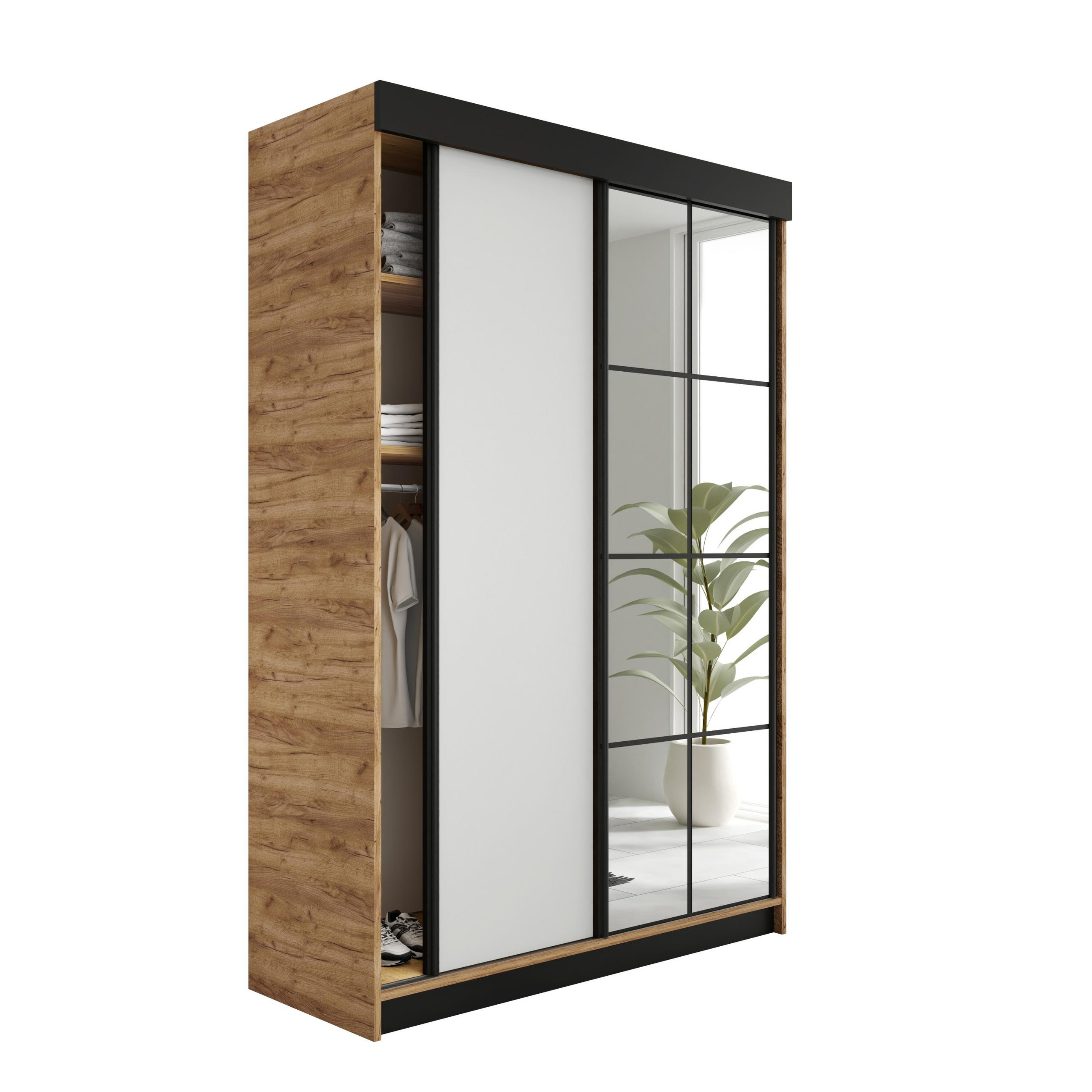 SCHIEBETÜRENSCHRANK LAMARO - 138x205x59 - Eiche Craft Gold & Weiß - Honigeiche/Weiß, Holzwerkstoff (138/205/59cm) - Kier Furniture
