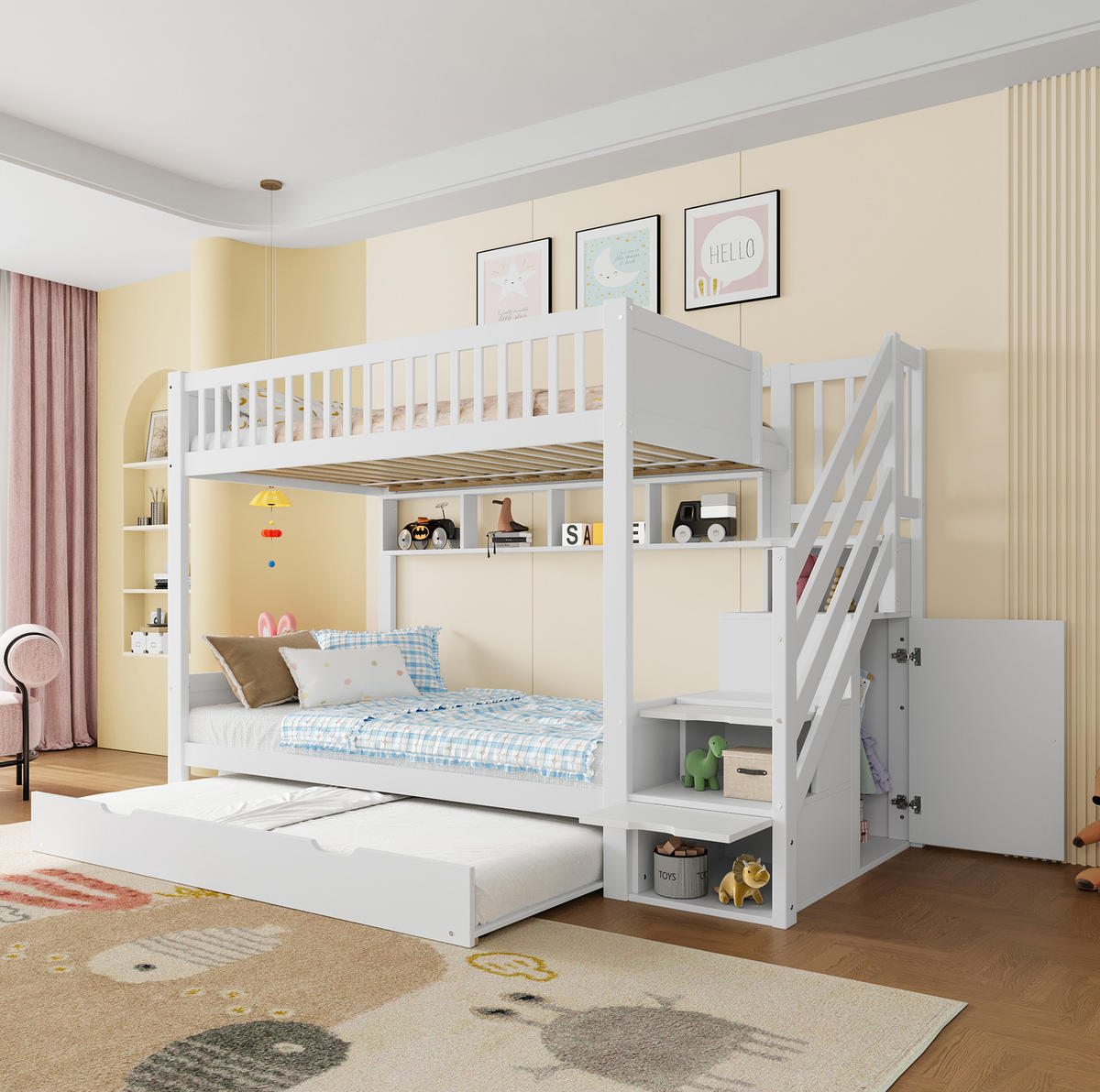 POSCHODOVÁ posteľ 254/95/165 cm biela s výsuvným lôžkom a úložnými schodmi z borovice a MDF - biela, drevo (90/200cm) - OKWISH