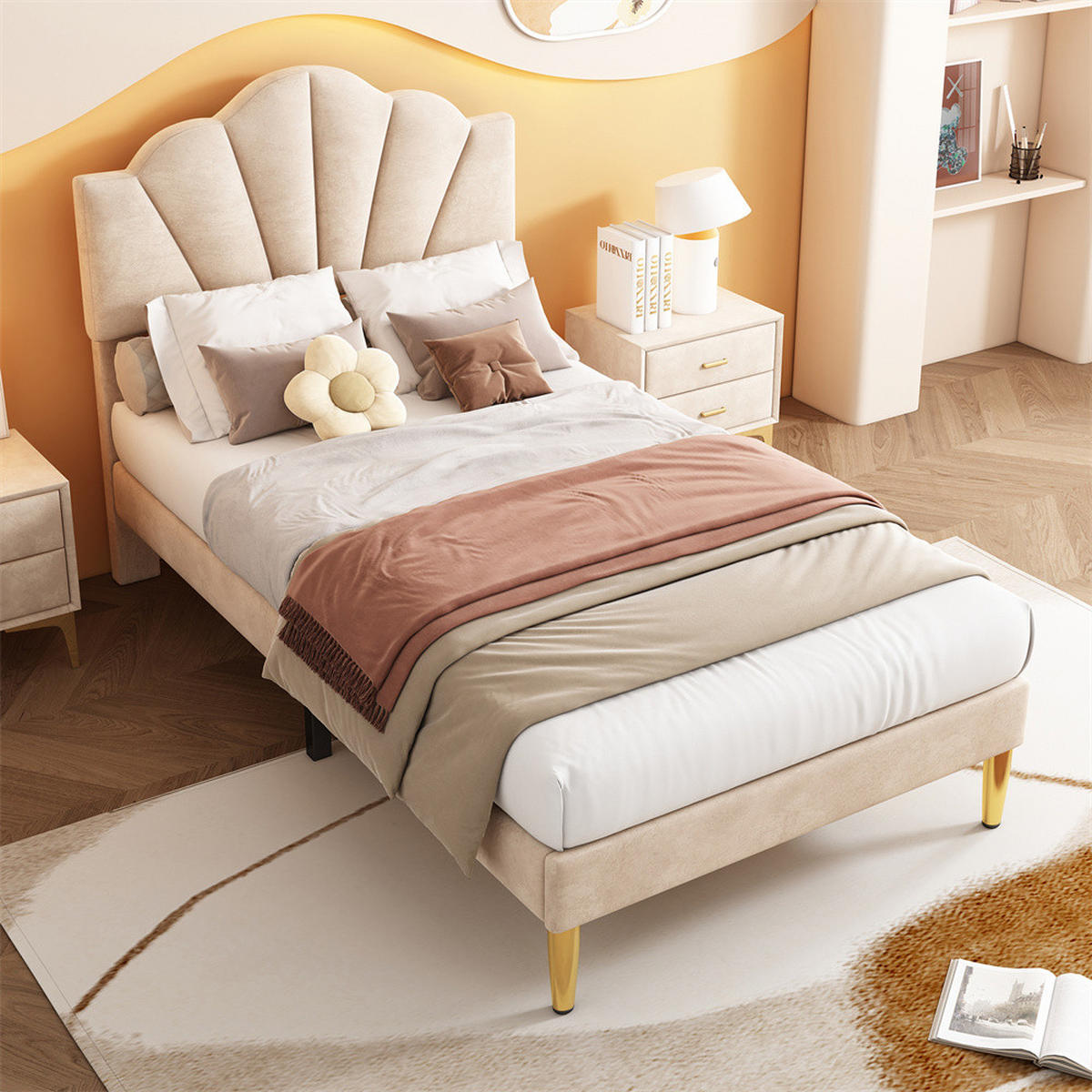 POLSTERBETT 90/200 cm in Beige Samt mit Goldenen Eisenbeinen - Beige, Holz/Textil (90/200cm) - KOMHTOM