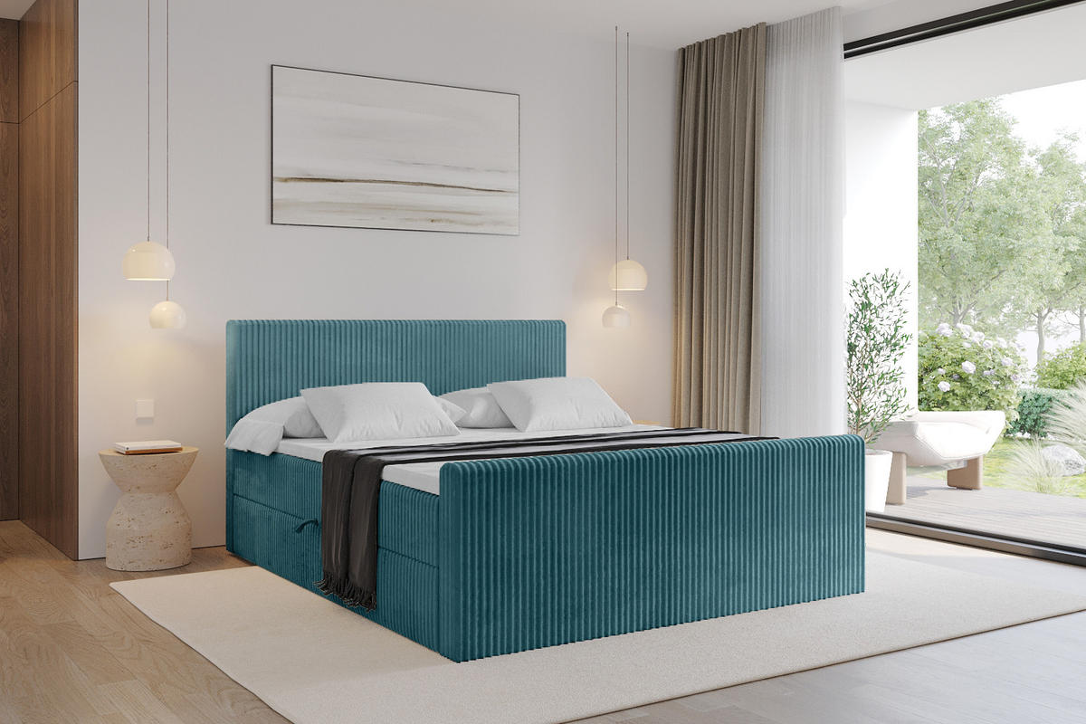 BOXBETT mit Matratze H4 und Lattenrost - TOLO-Z - 200x200 Cord - Blau - Blau, Holzwerkstoff (200/200cm) - ALTDECOR