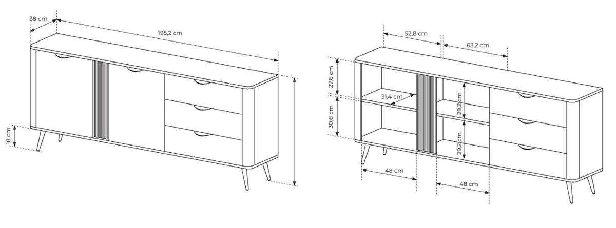 KOMMODE Breite 195 cm Estera, 3 Schubladen, 2 Türen, Eiche Dunin - Eichefarben, Holz (195/81/38cm) - Emporius