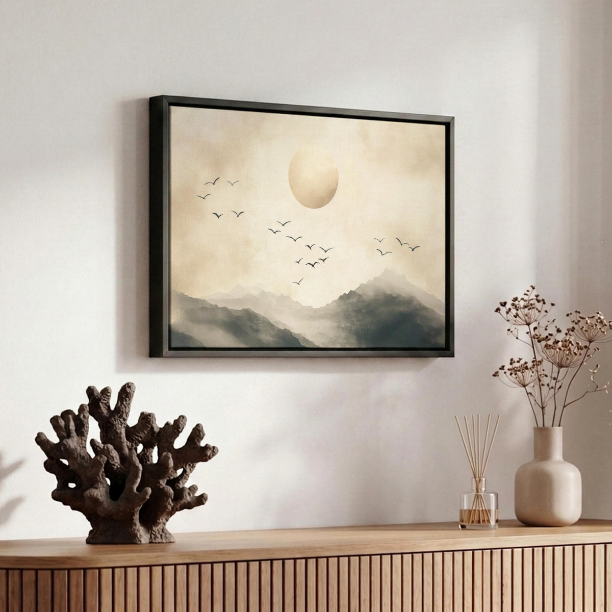 LEINWAND Bilder mit Rahmen - Landschaft - Japandi - Vogel - 30x20 - Beige, Textil (30/20cm) - MuchoWow