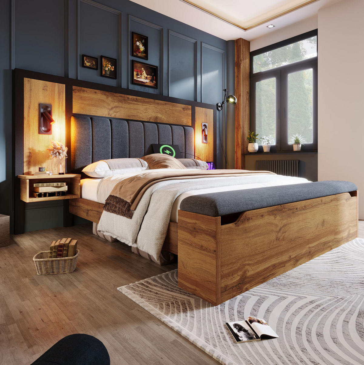 BETT mit Nachttischen, Sitzbank und Leselicht 160x200 cm Metall/Holz Eiche - Braun, Holz (160/200cm) - Meubliv