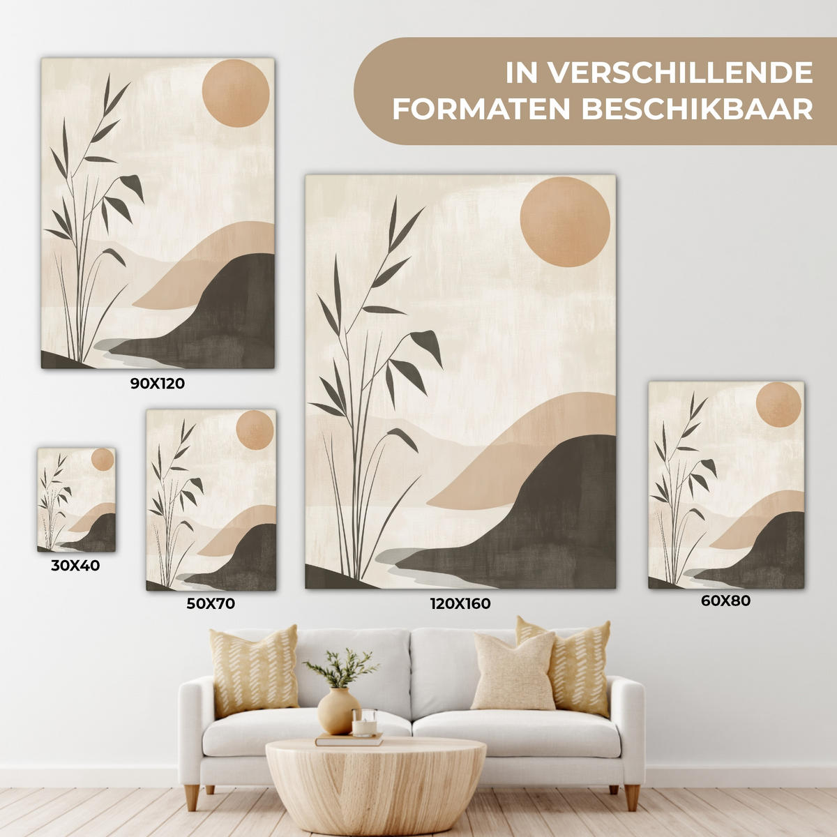 LEINWANDBILD Japandi - Landschaft - Beige Wandbild Wohnzimmer 60x80 cm - Cognac, Textil (60/80cm) - MuchoWow