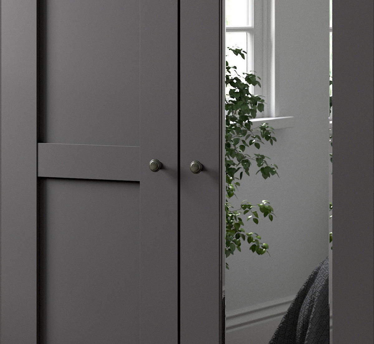 SCHLAFZIMMER Greenholm in Graphit 4 teilig mit Kleiderschrank 250cm Breite mit Spiegel, Doppelbett 180x200cm, zwei Nachttisch - Grau, Holzwerkstoff (80/200/120cm)