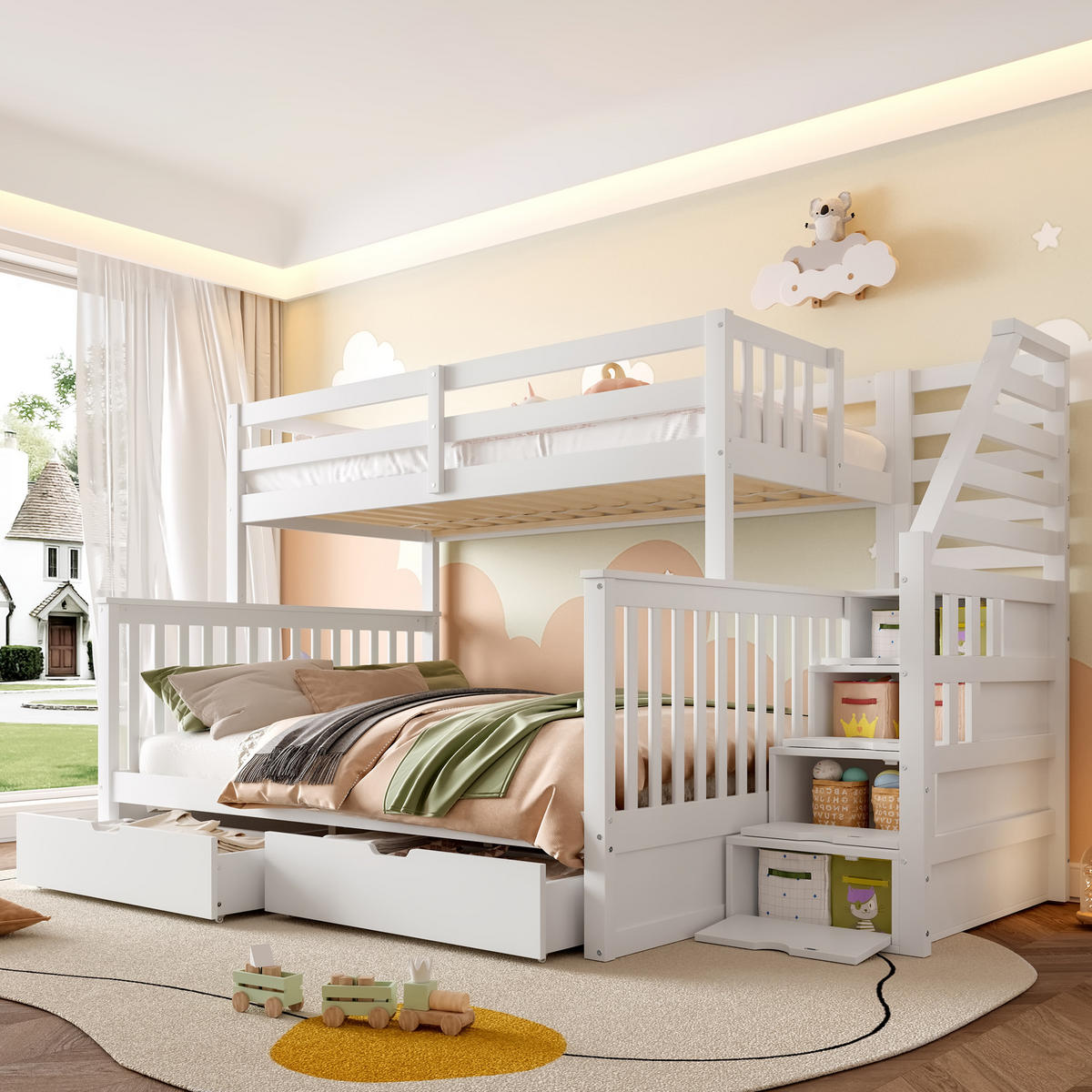 ETAGENBETT 90x200cm + 140x200cm Weiß Schubladen Stauraum multifunktional - Weiß, Holz (140/200cm) - FLIEKS