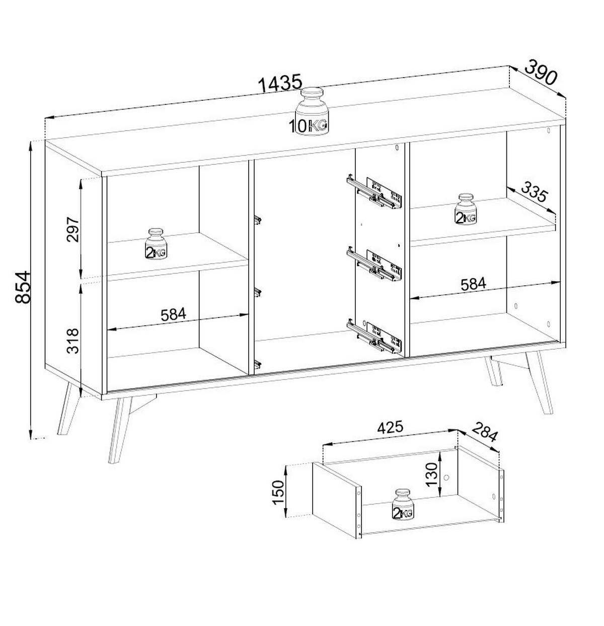KOMMODE Swift Golden Eiche, zweitürige Kommode mit Schubladen, mit LED - Schwarz/Braun, Holzwerkstoff (144/85/39cm) - Bettso