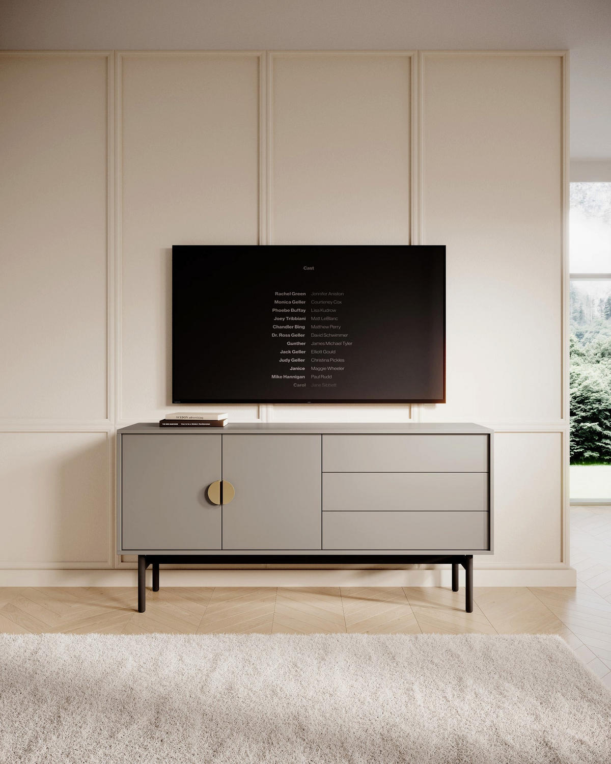 TV-STOLEK Stoon II Kamenná šedá 154 cm - šedá/černá, kov/kompozitní dřevo (154/76/38cm) - Selsey