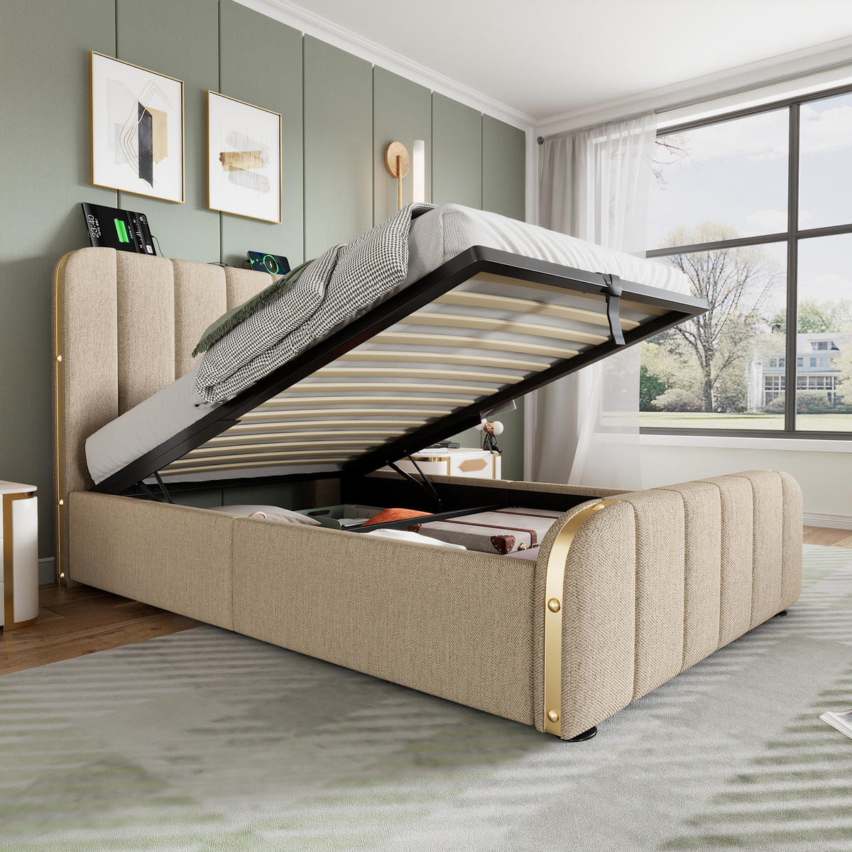 POLSTERBETT 90/200 cm mit Bettkasten (hydraulisch) & USB/Typ-C, Leinen in Beige - Beige, Textil (90/200cm) - Redom