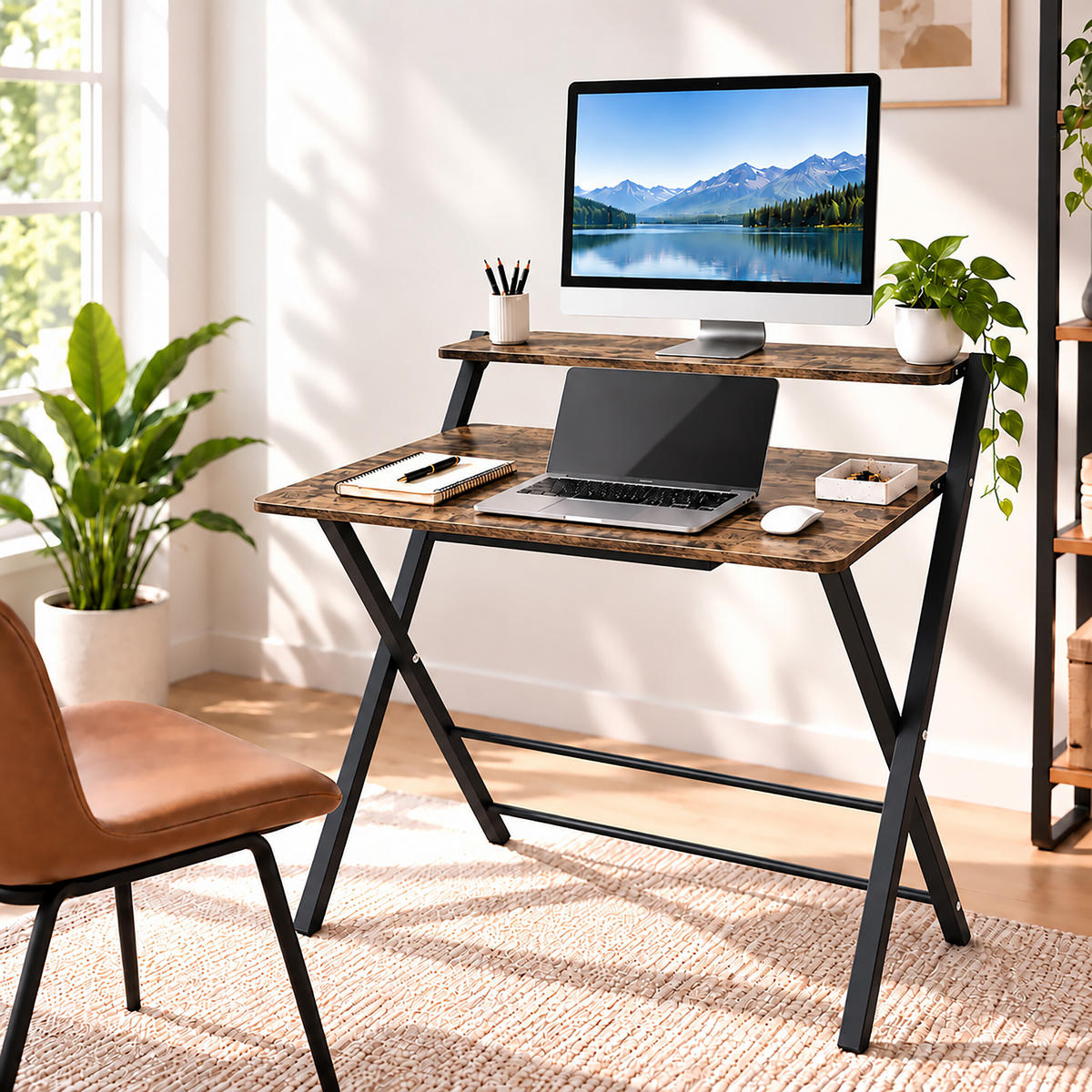 BIROU Maro Negru pliabil cu suport monitor MDF metal - multicolor, compozit lemnos/metal (56/70/82cm) - Relaxdays