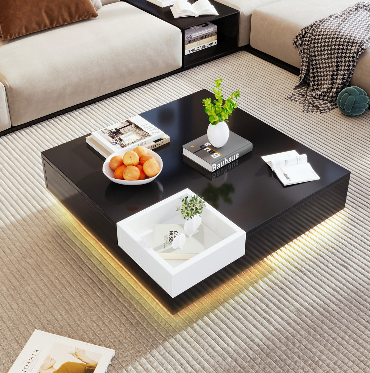COUCHTISCH 72/72/30 cm schwarz/weiß aus Spanplatte mit LED-Lichteffekt - Schwarz, Holzwerkstoff (72/72/30cm) - OKMYHOME
