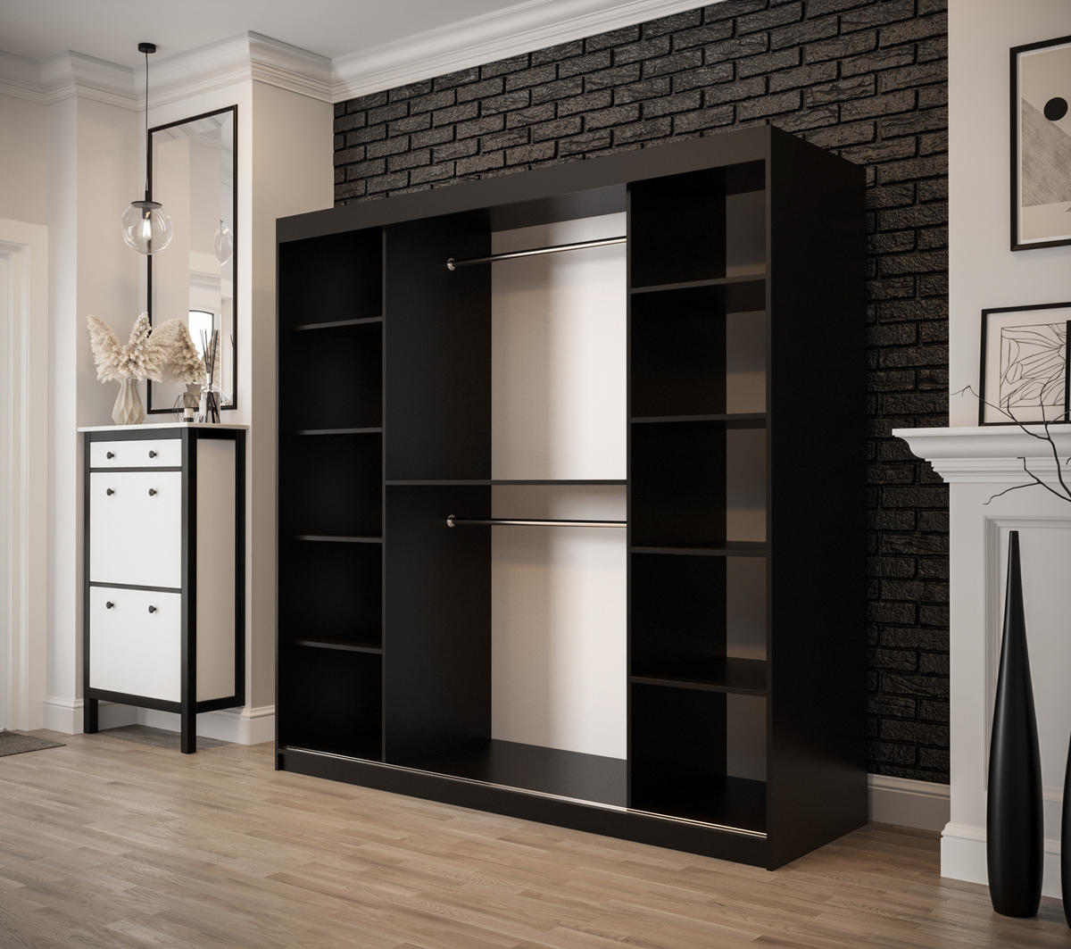 SCHWEBETÜRENSCHRANK 200/200/62 2-türig - Eichefarben/Schwarz, Holz/Kunststoff (200/200/62cm) - MÖBEL KRYSPOL