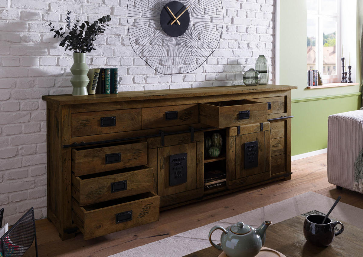 SIDEBOARD Mango 220x45x90 braun lackiert RAILWAY #492 - Braun, Holz (220/90/45cm) - Massivmoebel24