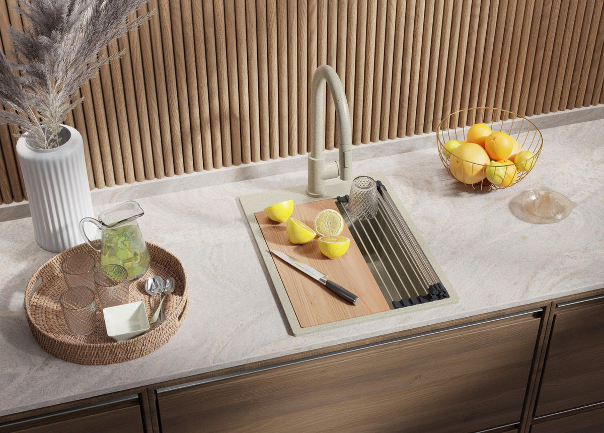 SPÜLBECKEN Oslo, 2-er set Beige 38/50 cm 1 Becken + Ablauf-Set + Schneidebrett ab 40er Unterschrank - Beige, Kunststoff (38/20/50cm) - Primagran