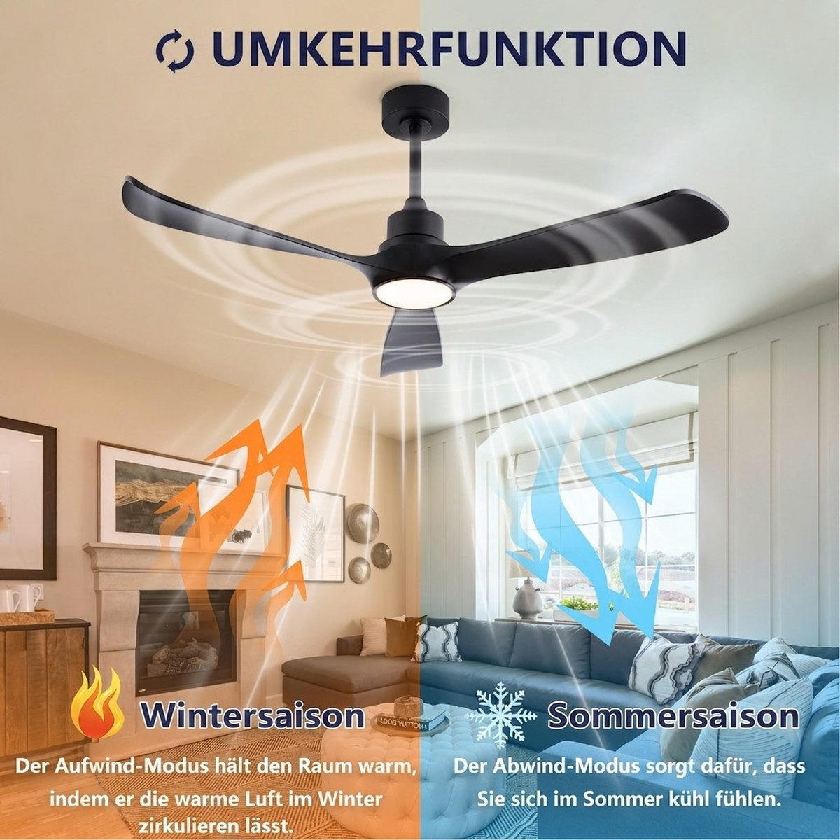 DECKENVENTILATOR & LED Beleuchtung Vor-/Rücklauf reversibler DC-Motor - Schwarz, Kunststoff (132/132/45.7cm) - BEXEVUE