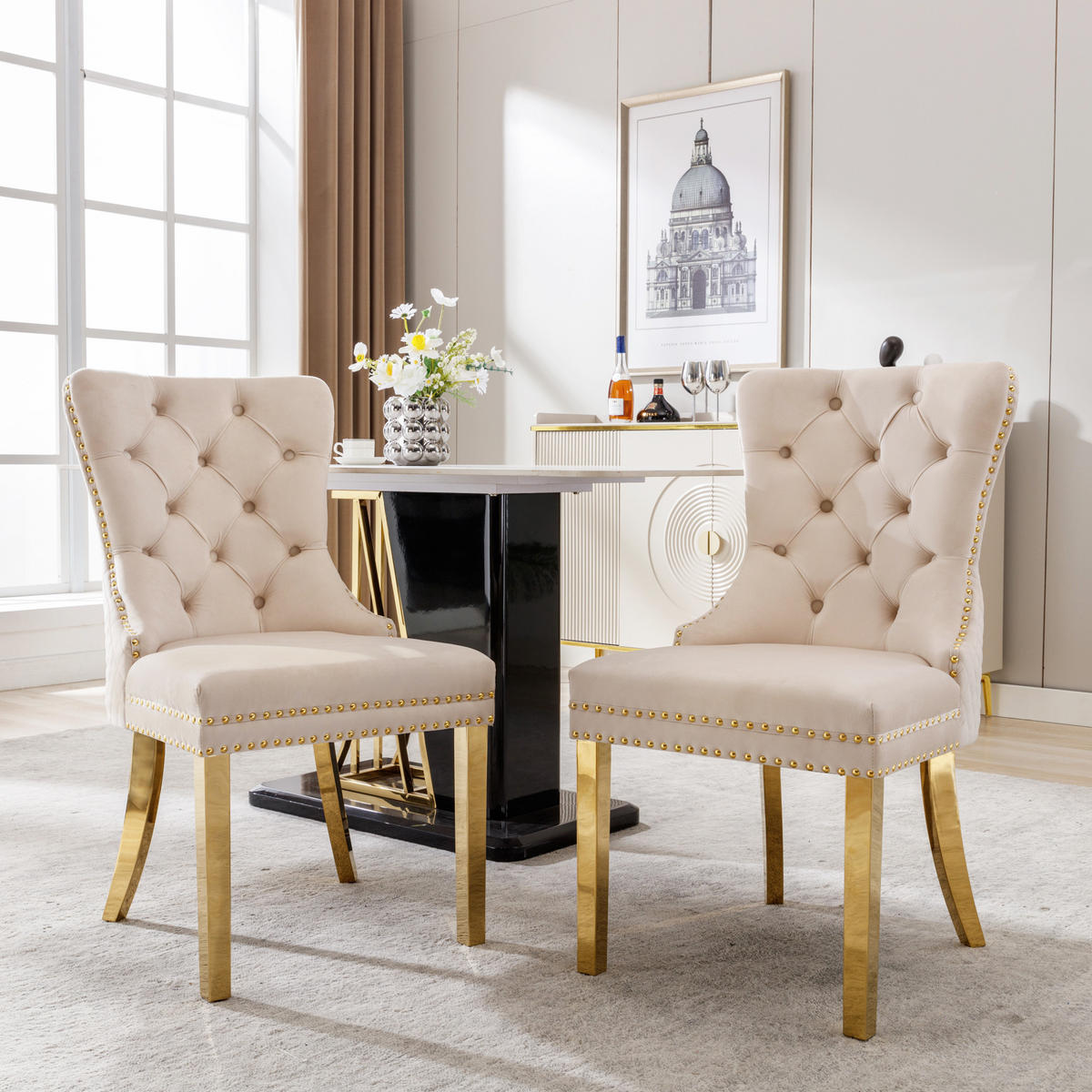 ESSZIMMERSTUHL 2-Tlg Samt Beige Gold, Nagelkopf, Gold Beine - Beige, Textil (50.5/95/45cm) - FLIEKS