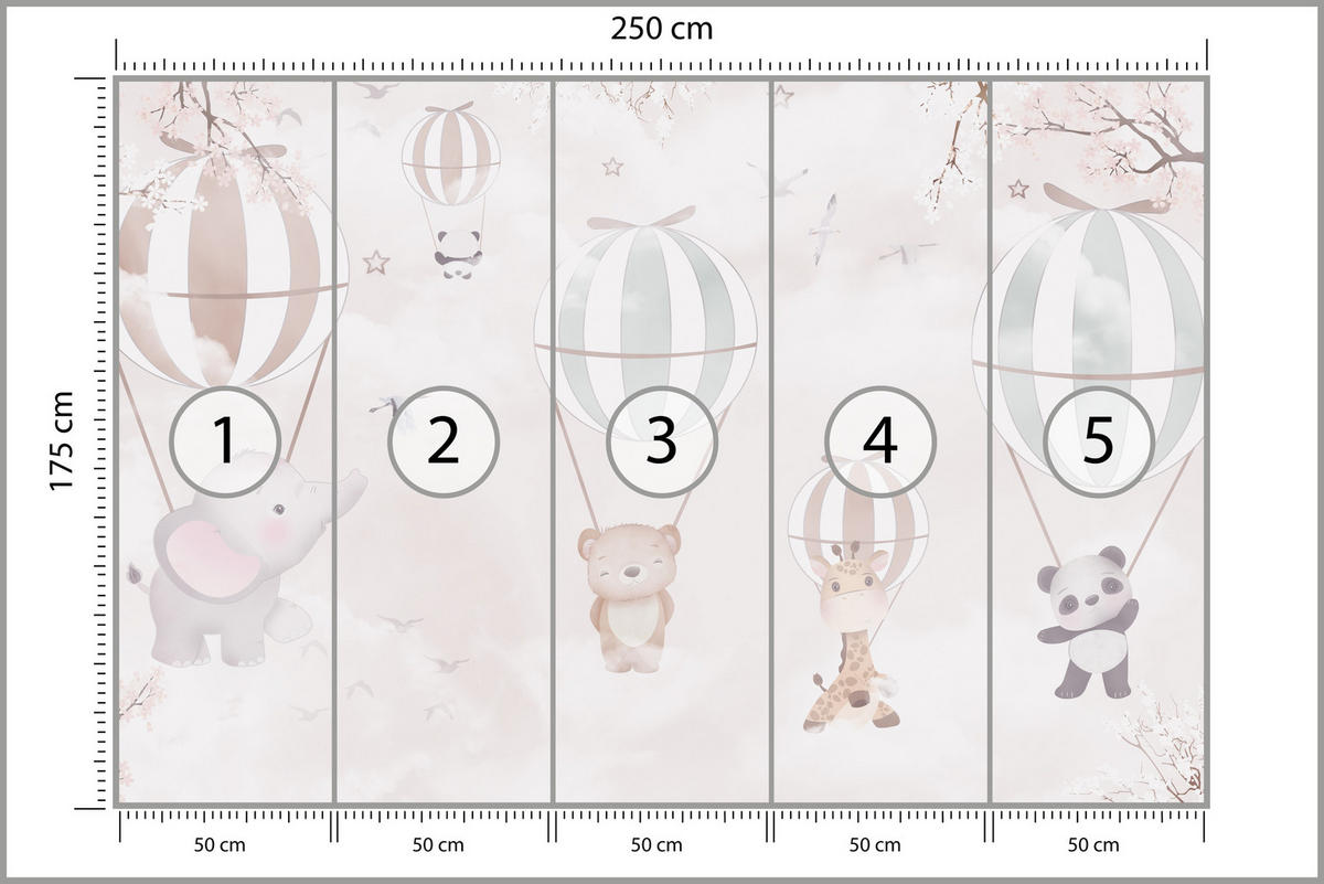 FOTOTAPETE für Kinderzimmer Tiere Himmel Elefant Giraffe Panda Vögel Ballons 250x175 - Multicolor, Papier (250/175cm) - Muralo