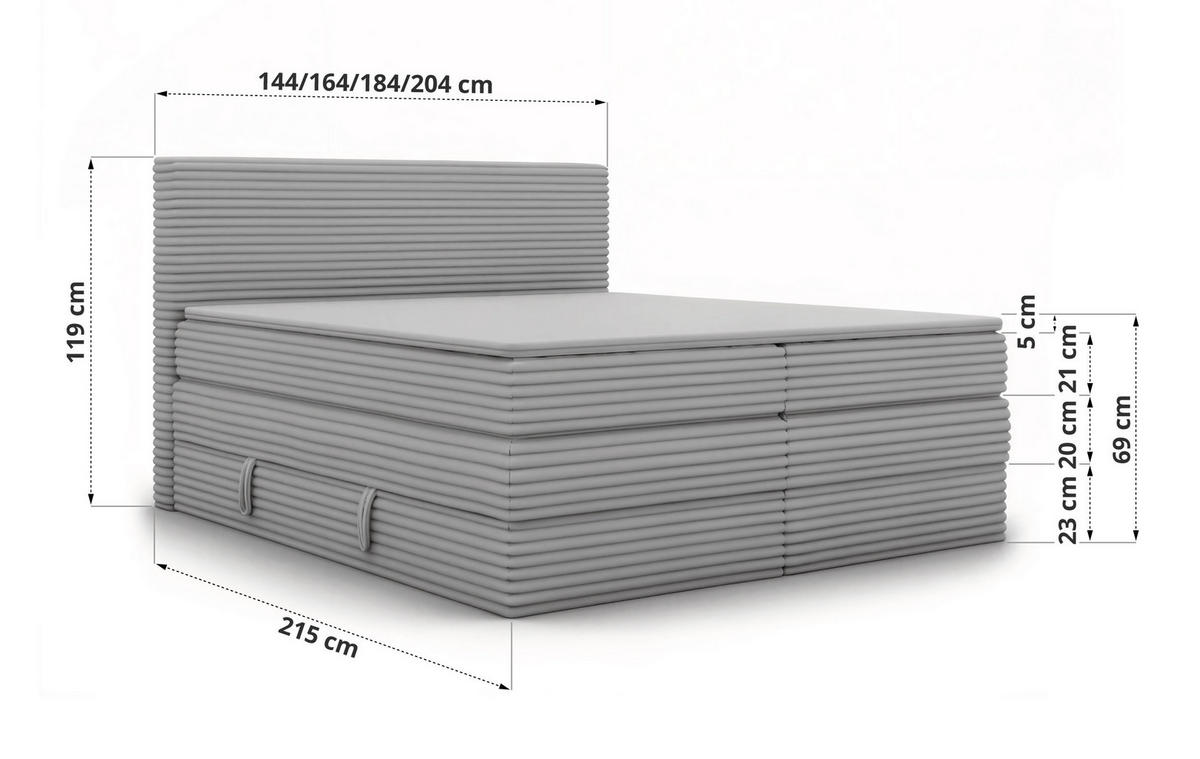 BOXSPRINGBETT TILION KING 140/200 - Braun Cord - Topper Visco - H3 - Schwarz/Braun, Kunststoff/Textil (140/200cm) - MKS