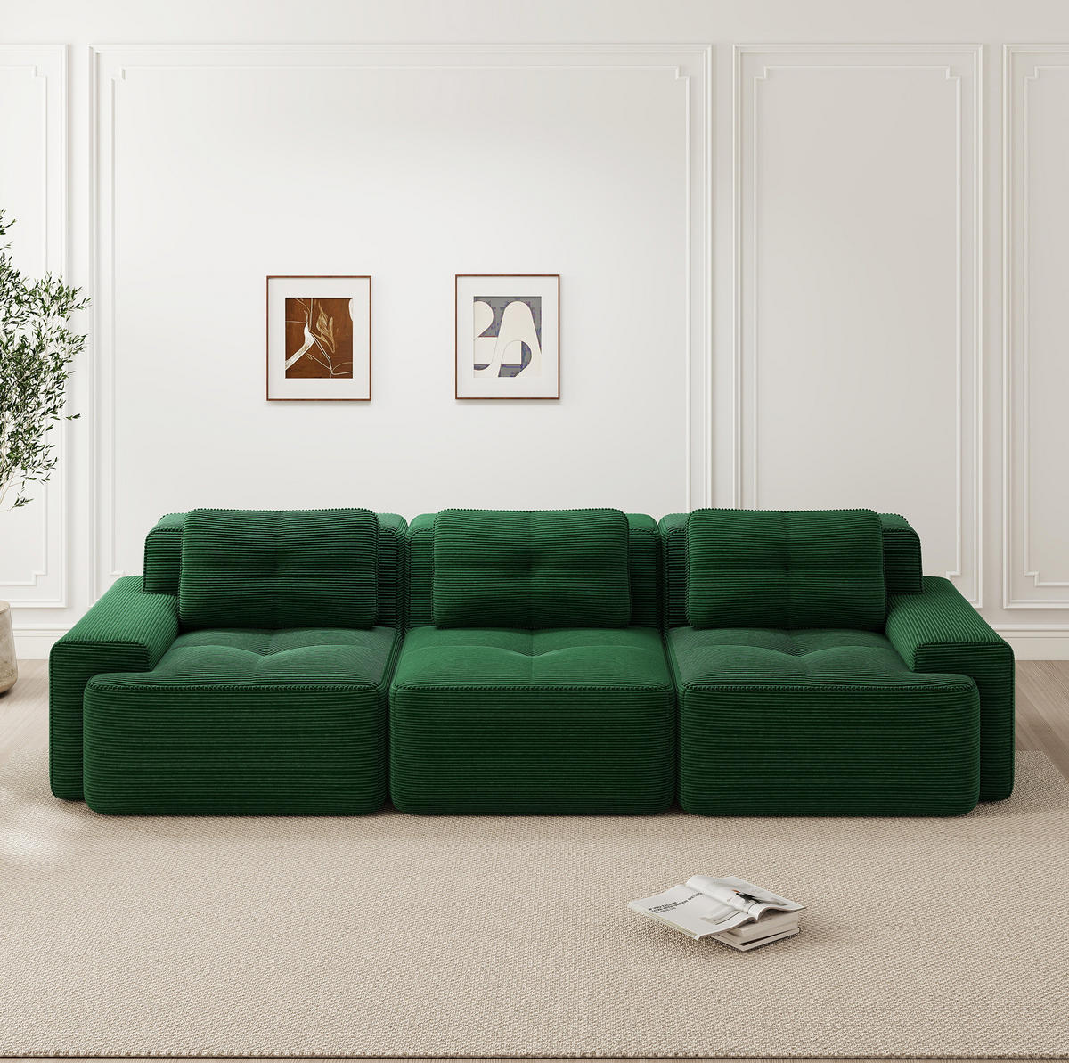 MODULÁRNÍ pohovka z manšestru 293x104x69 cm zelená s hlubokým sedem, bez montáže a s pet-friendly povrchem - zelená barva, textil (104/69/293cm) - Modfu