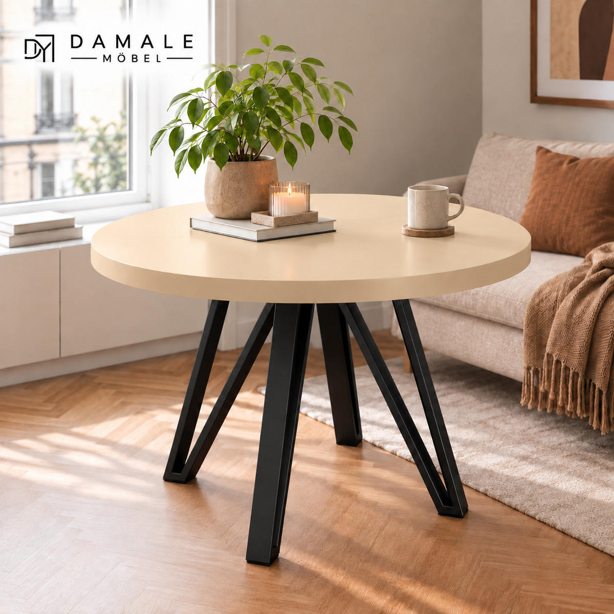 ESSTISCH rund ausziehbar 100/300/76 cm, Kaschmir, 54 cm Tischplatte + Industrial Metallgestell Schwarz - Kaschmir/Schwarz, Holzwerkstoff/Metall (100/300/76cm) - Damale Möbel