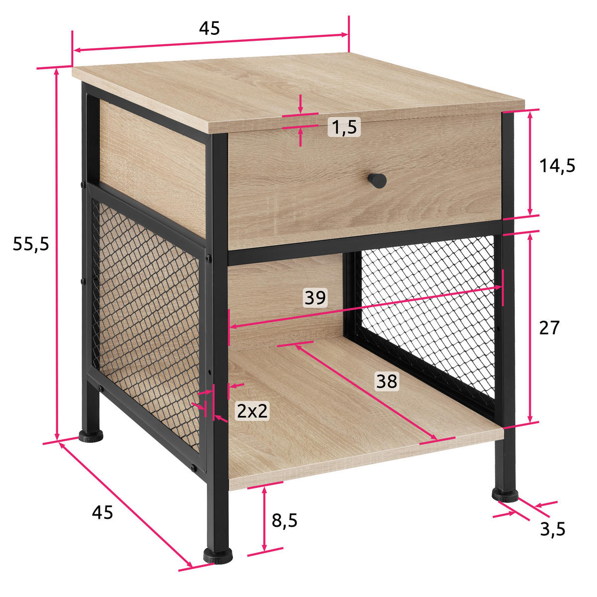 NACHTSCHRANK Killarney, 45 x 46 x 55,5 cm, Industrial Holz hell, Eiche Sonoma - Naturfarben, Holzwerkstoff (45/55.5/46cm) - tectake
