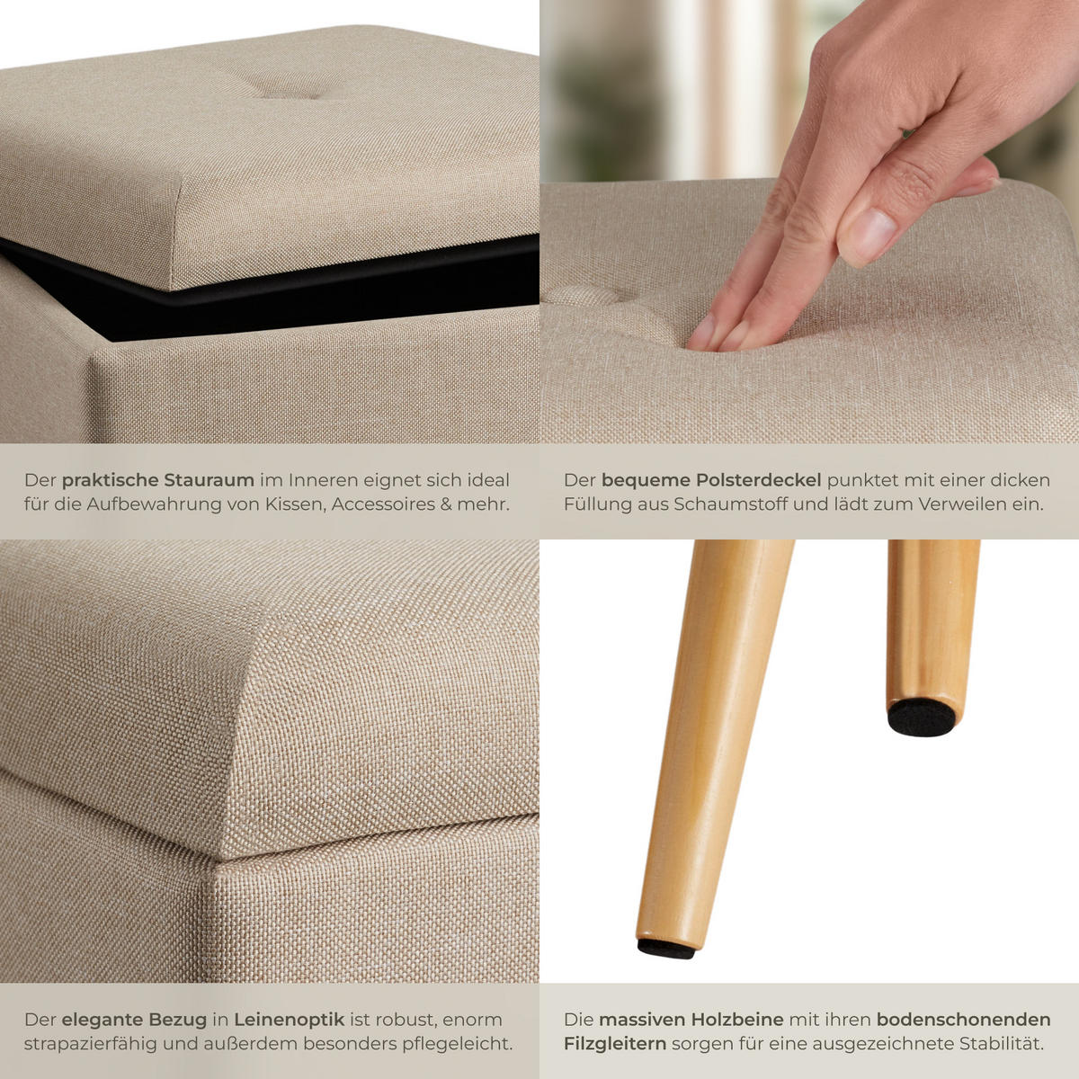 SITZHOCKER mit Stauraum Elva,32,5 x 32,5 x 36,5 cm,Sand - Sandfarben, Holz (32.5/36.5/32.5cm) - tectake