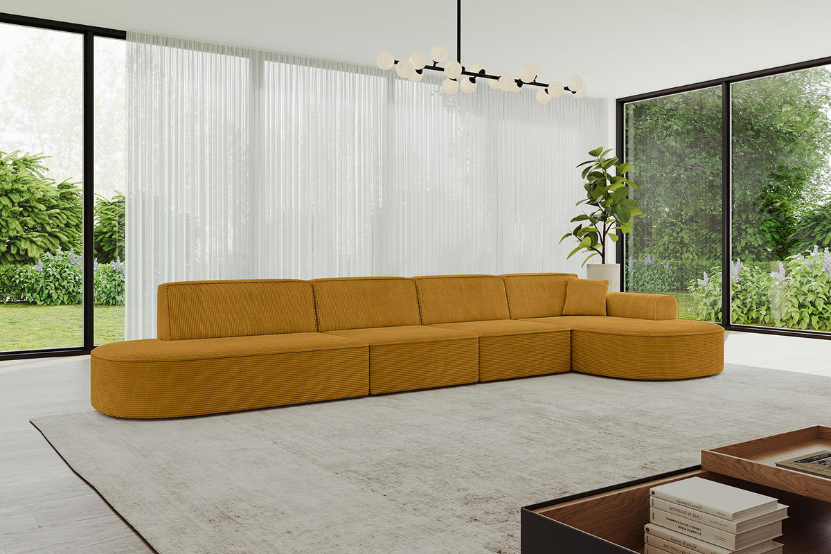 ECKSOFA Ottomane Rechts MARI-L3 - 402x163x73,5 cm Senfgelb Cord - Gelb/Schwarz, Holzwerkstoff/Kunststoff (402/163cm) - ALTDECOR
