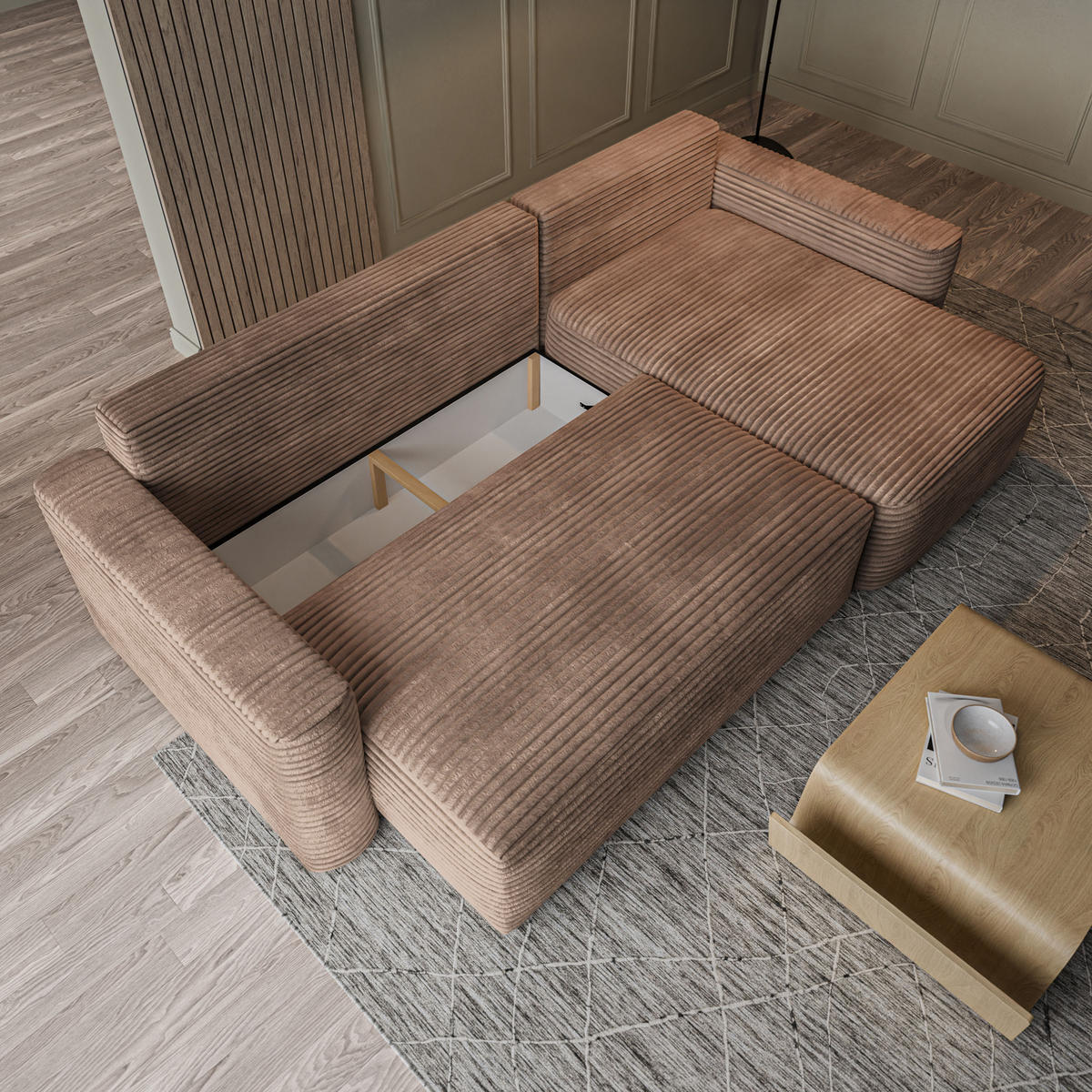 ECKSOFA NERI T Beige Kordstoff mit Schlaffunktion - Beige, Holzwerkstoff/Textil (280/157cm) - MASSENO