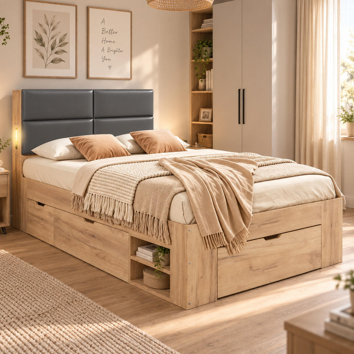 EINZELBETT aus MDF 90x200 cm Natur mit Schubladen, USB- und USB-C-Anschlüssen - Eichefarben, Holzwerkstoff (90/200cm) - Modfu